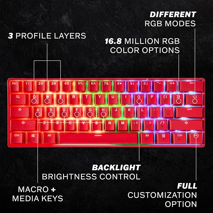 HK GAMING GK61s Mechanical Gaming Keyboard - 61 Keys Multi Color RGB Illuminated LED Backlit Wired Programmable for PC/Mac Gamer (Gateron Mechanical Blue Red)