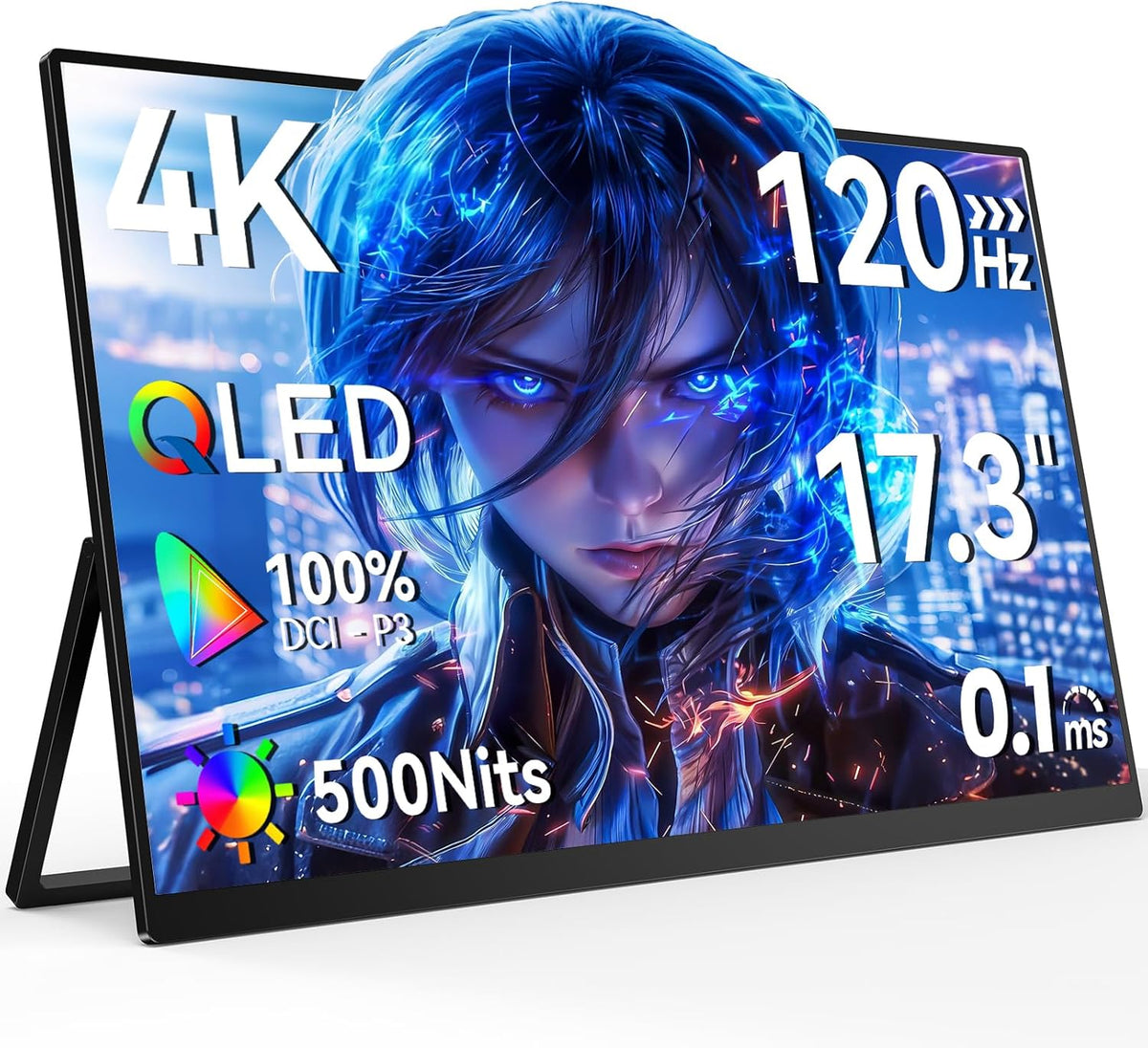 Newsoul Portable Monitor 4K, 120Hz Gaming Monitors 3840 * 2160 UHD, 100% DCI-P3, 1500:1 Contrast, FreeSync 0.1ms, Built-in Stand & Speaker, USB-C HDMI Portable Screen for Laptop, Phone, Game Console