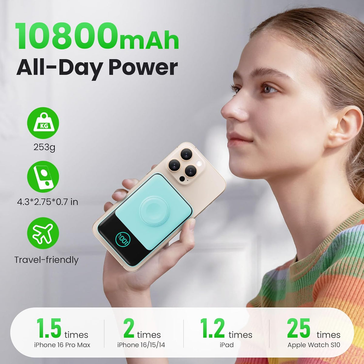 Magnetic Portable Charger for iPhone, 3-in-1 10800mAh Qi2 15W Wireless Power Bank with iWatch Charger,30W PD Fast Charging USB-C LCD Display Battery Pack for Magsafe,iPhone 16/15/14/13/12, Apple Watch