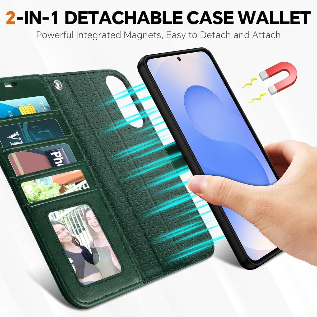 TUCCH Wallet Case for Galaxy S25 Edge, Removable 2 in 1 [Wireless Charging] Wrist Strap RFID Blocking [4 Card Holders] PU Leather Cover, Magnetic Detachable Stand Folio for Galaxy S25 Edge, Evergreen