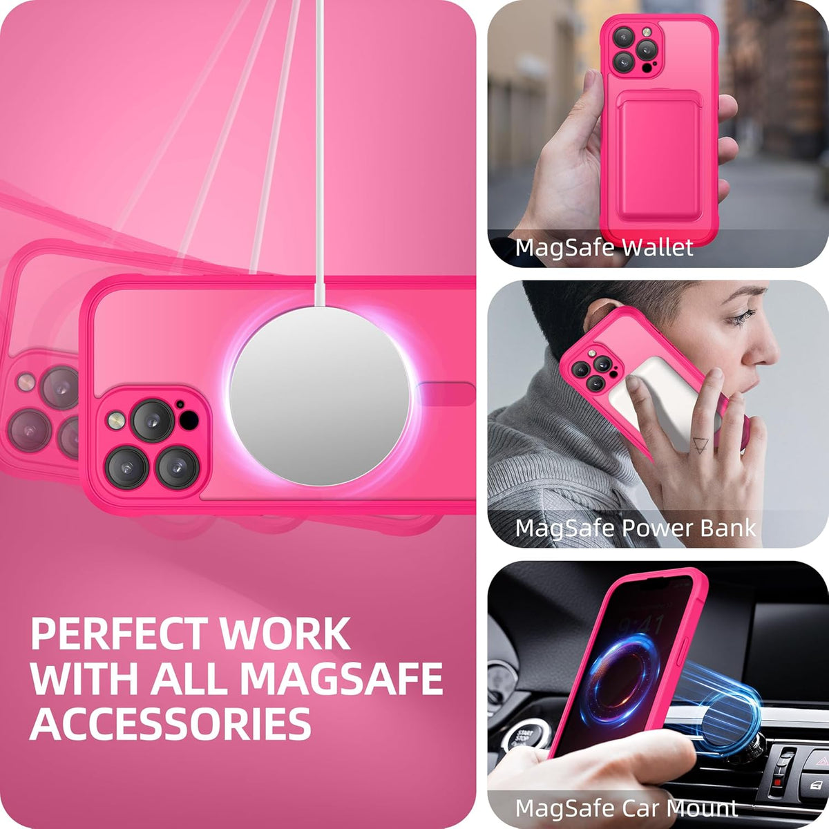 BERFY Magnetic for iPhone 13 Pro Max Case,Compatible with MagSafe,Built-in Privacy Screen Protector and Upgraded Camera Protection,Anti-Spy Full Body Shockproof Phone Case for 13 Pro Max 6.7",Hot Pink