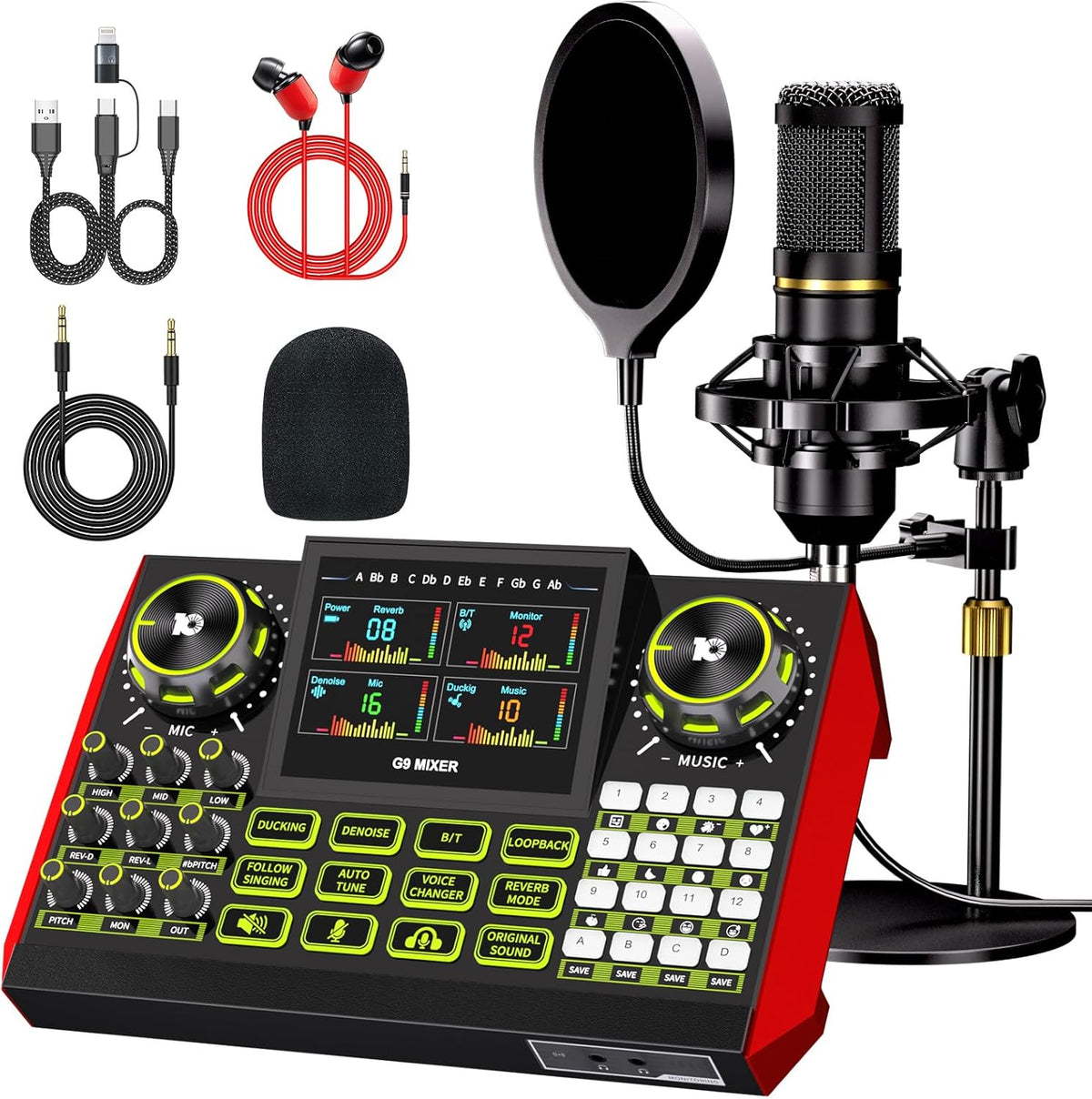 podcast microphone bundle, Live Sound Card with Audio Interface, All-in-One Audio Mixer with Voice Changer, Condenser Microphone for Live Streaming, Singing, Gaming, and Content Creation.