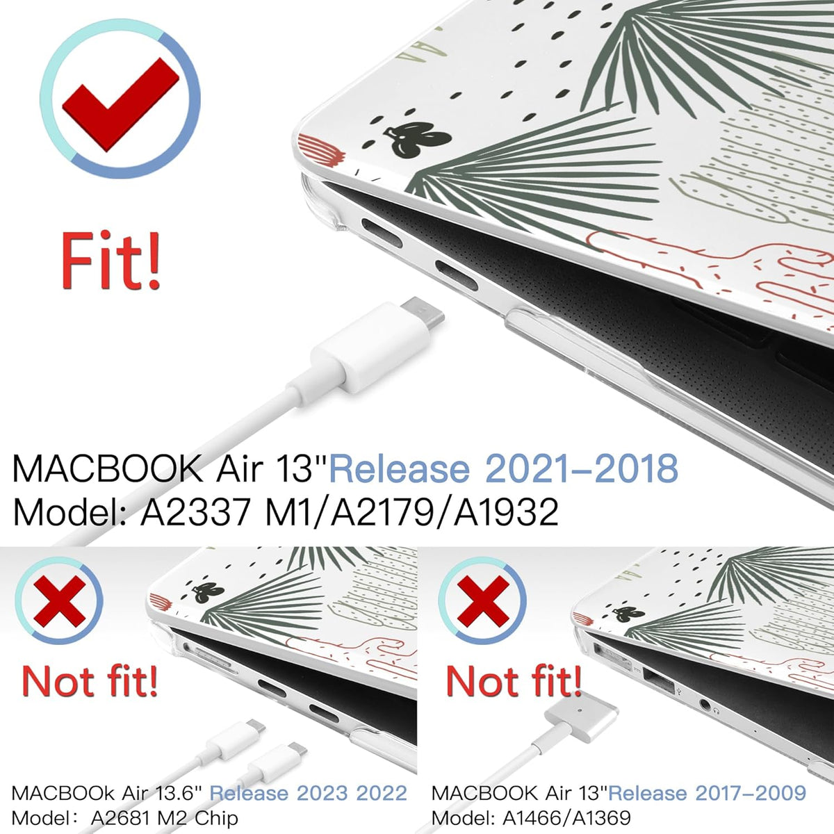 MEEgoodo for MacBook Air 13 inch Case 2021 2020 2019 2018 Released A2337 M1 A2179 A1932 with Touch ID, Plastic Hard Shell & Keyboard Cover Compatible with MacBook Air Case 13.3, Cacti