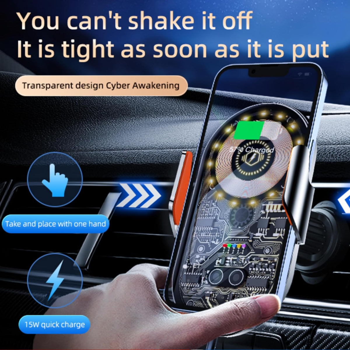 Car Phone Holder, Wireless Car Charger Air Vent Auto-Clamp Cell Phone Car Mount with Metal Hook Clip, 360° Rotation - One Button Release for iPhone, Samsung, Google, and All Other Smartphones