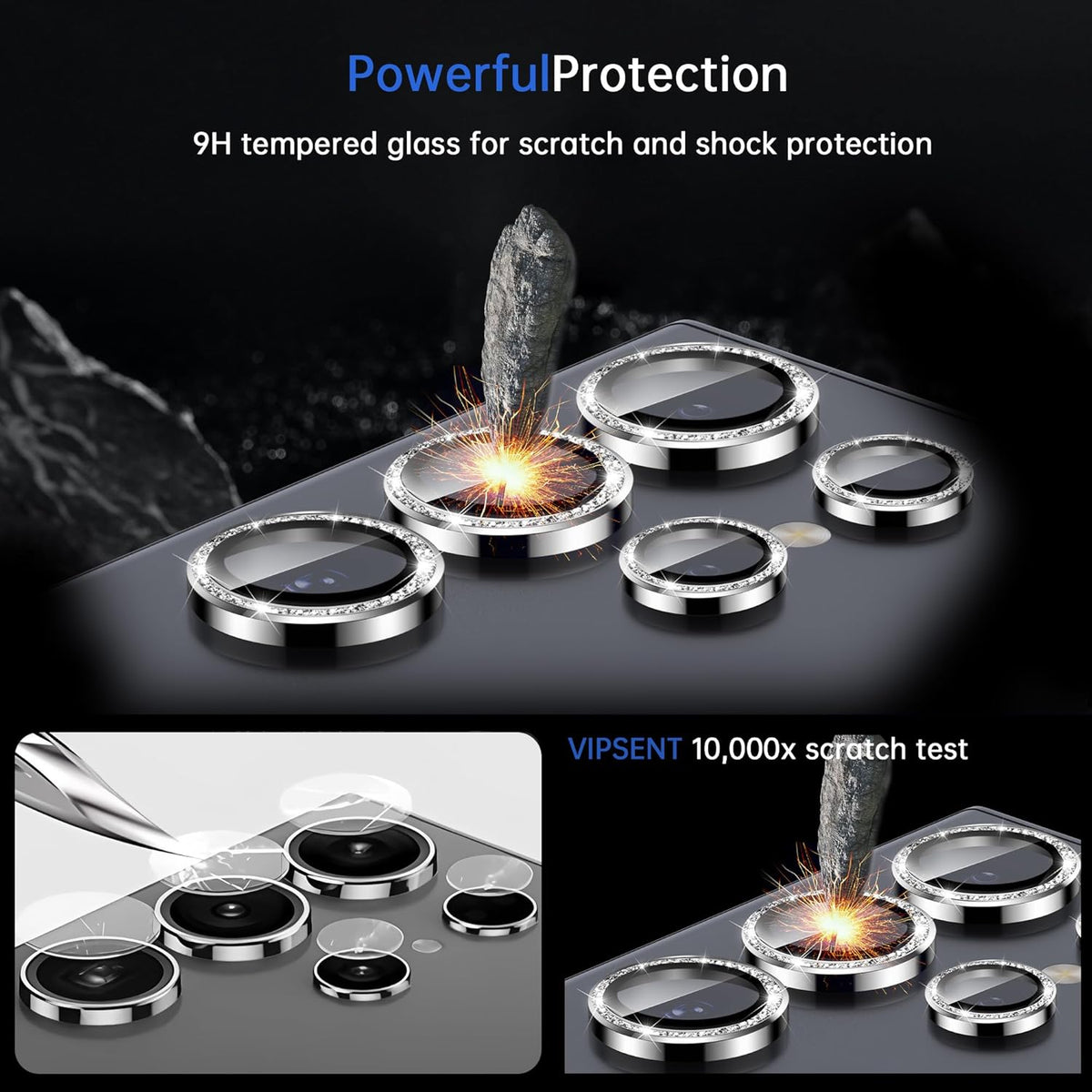 For Samsung Galaxy S23 Ultra Camera Lens Protector, Individual Lens Protector, Ultra HD 9H Tempered Glass Screen Protective Cover, Anti-scratch, Military Grade Drop Protection 2 Set. (Glitter Silver, S23 Ultra)