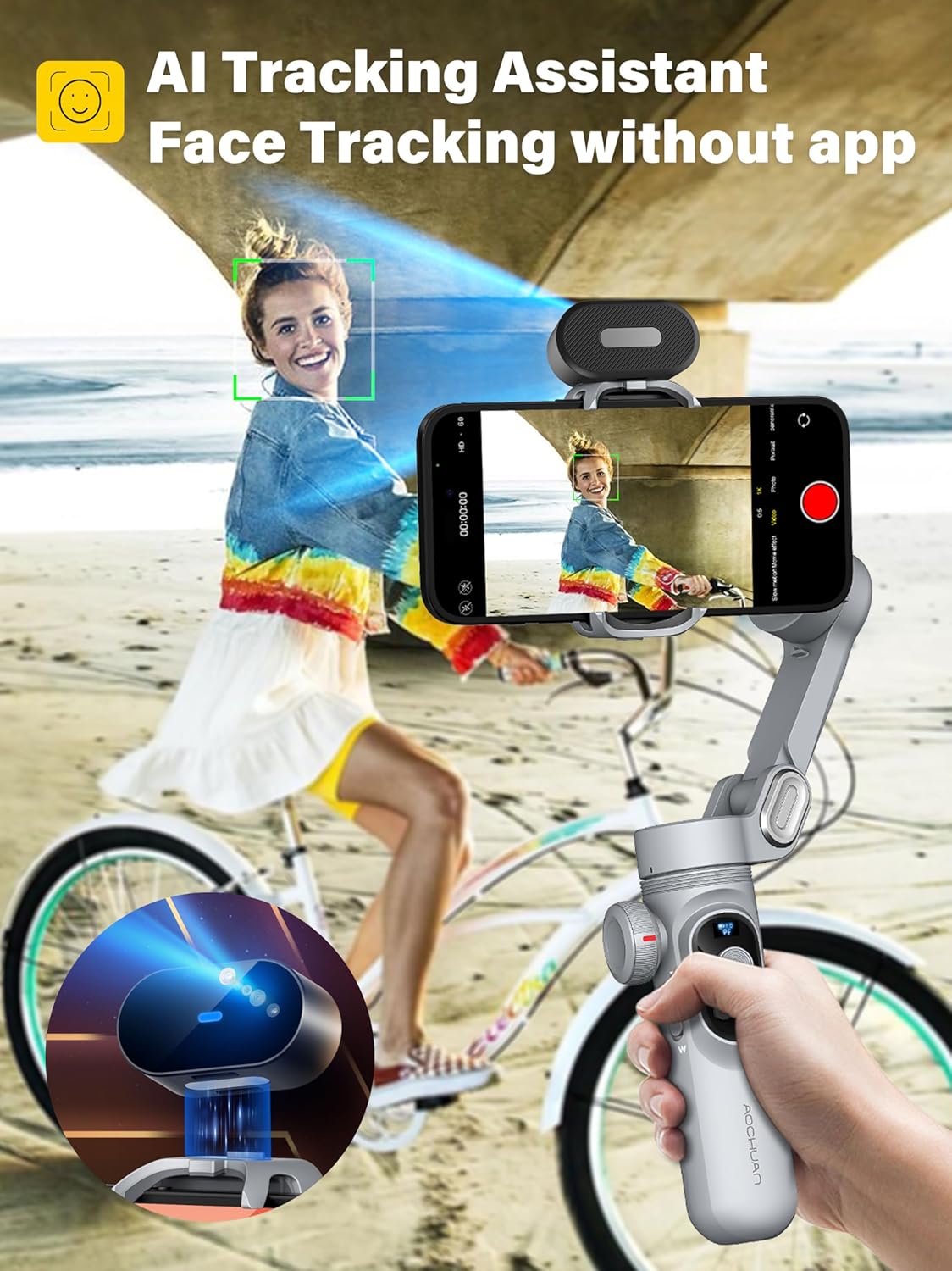 Gimbal Stabilizer for Smartphone AI Tracking(No App), 3-axis Gimbal with OLED Display/Built-in Light, Stabilizer for iPhone&Android, AOCHUAN X Pro Grey AI Version