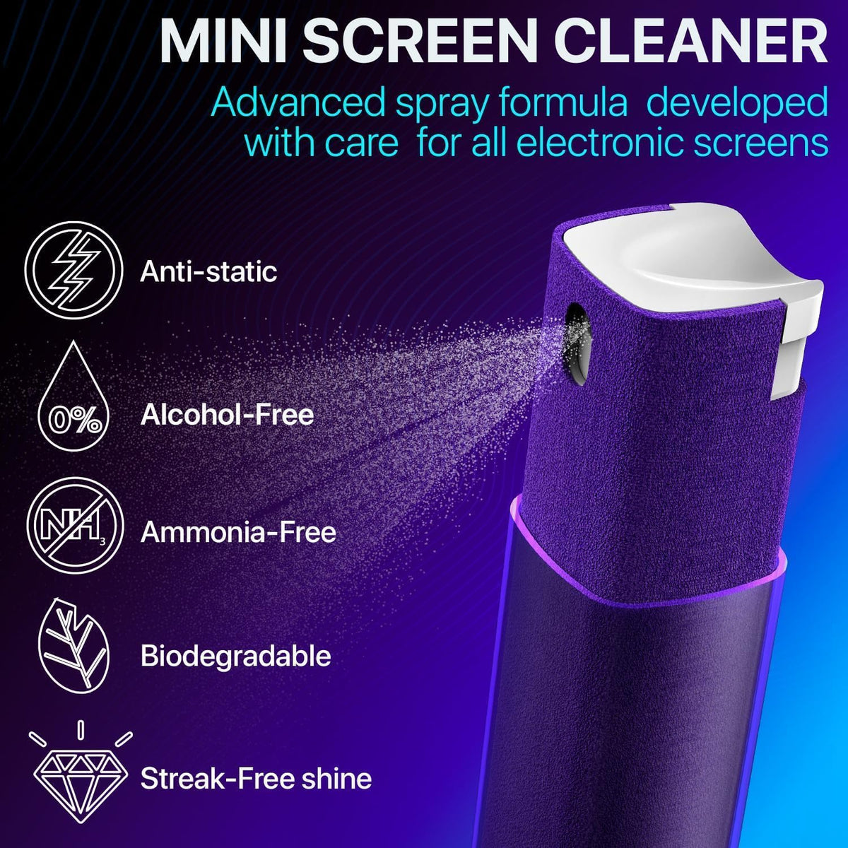 Mini Screen Cleaner Spray – Finger Proof Screen Cleaner for Smartphones, iPads, MacBooks, Laptops, Car Screens, Touchscreens – 3in1 Mist Cleaner, Microfiber Cloth and Protective Cover (Green)