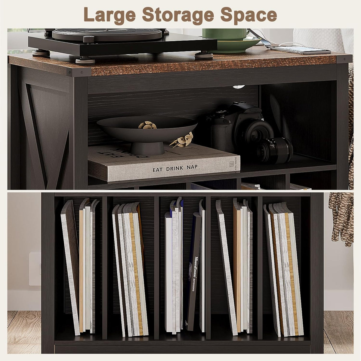 ChooChoo Large Record Player Stand with Charging Station & LED Light, Vinyl Record Holder hold up to 300 Albums, Farmhouse End Table for Bedroom, Living Room, Black
