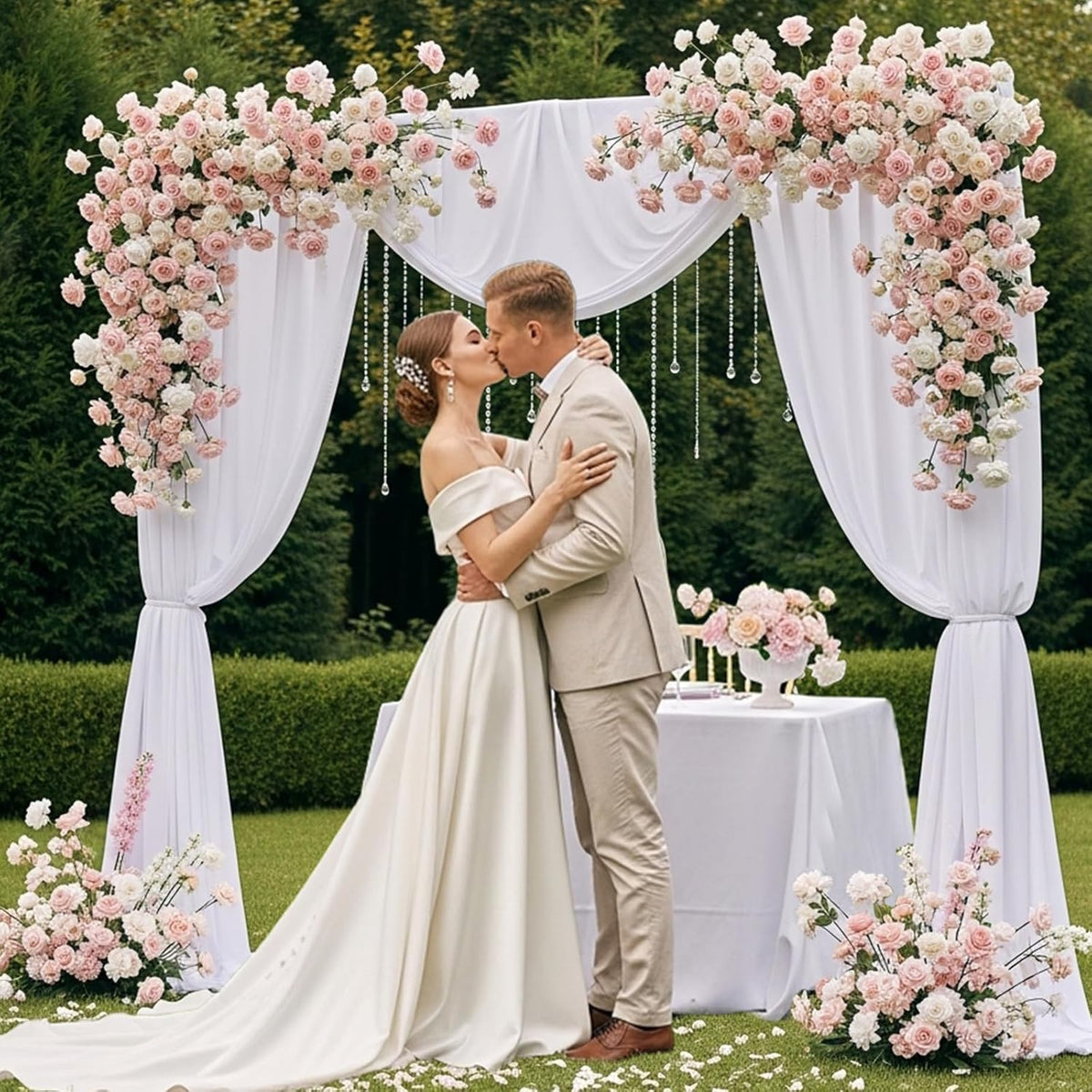 8.2FT 2 Square Backdrop Stand Heavy Duty, Gold Metal Wedding Arch Frame Adjustable, Change Over The Table Rod Stand