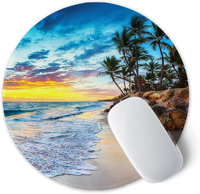 ITNRSIIET Round Mouse Pad with Stitched Edge Premium-Textured Waterproof Non-Slip Rubber Base Desktop Protection Mat Diameter 8.7 inches, Beach