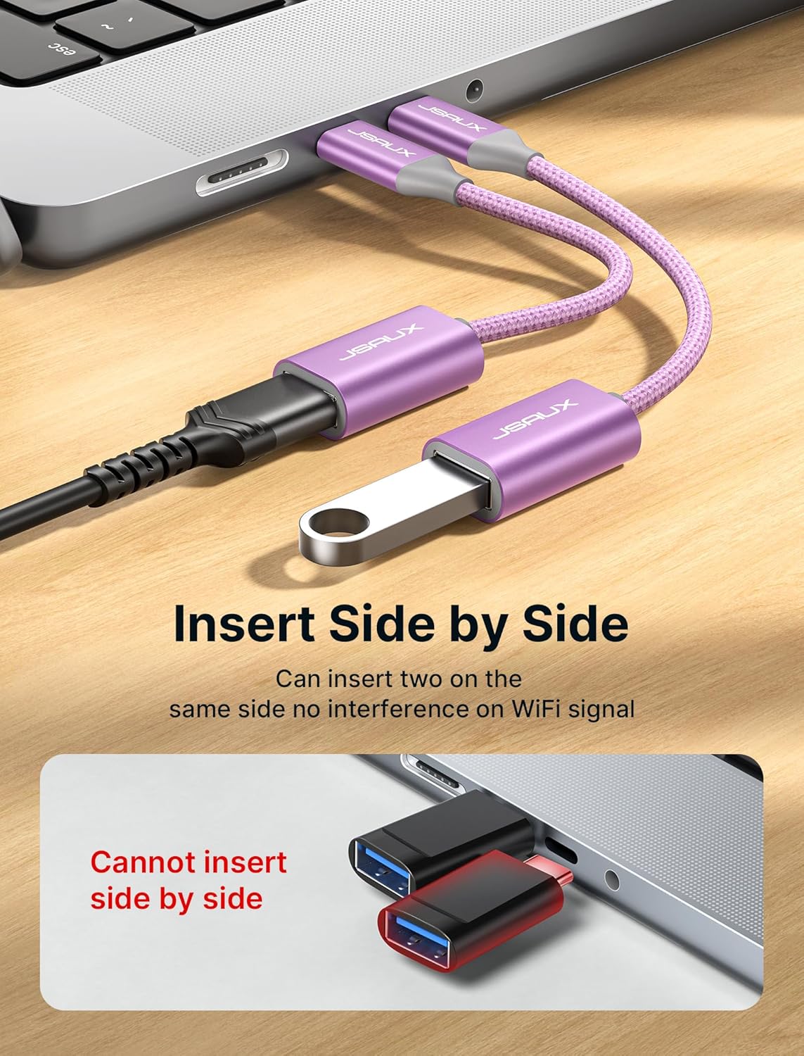 JSAUX USB C to USB 3.0 Adapter [2 Pack], USB C Male to USB Female OTG Cable Adapter Compatible with MacBook Pro/Air, iPhone 16 Pro Max/16 Plus/16e/15, Samsung Galaxy S25/S24/S23-Purple
