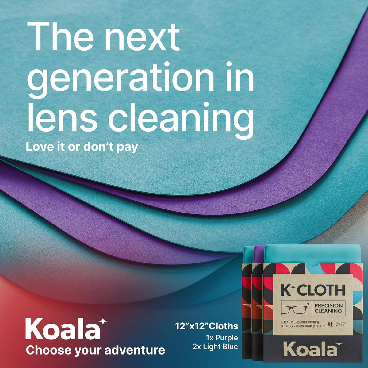 Koala Lens Cleaning Cloth | Japanese Microfiber | Glasses Cleaning Cloths | Eyeglass Lens Cleaner | Eyeglasses, Camera, VR/AR Headset, and Screen Cleaner | Blue & Purple (Pack of 3)
