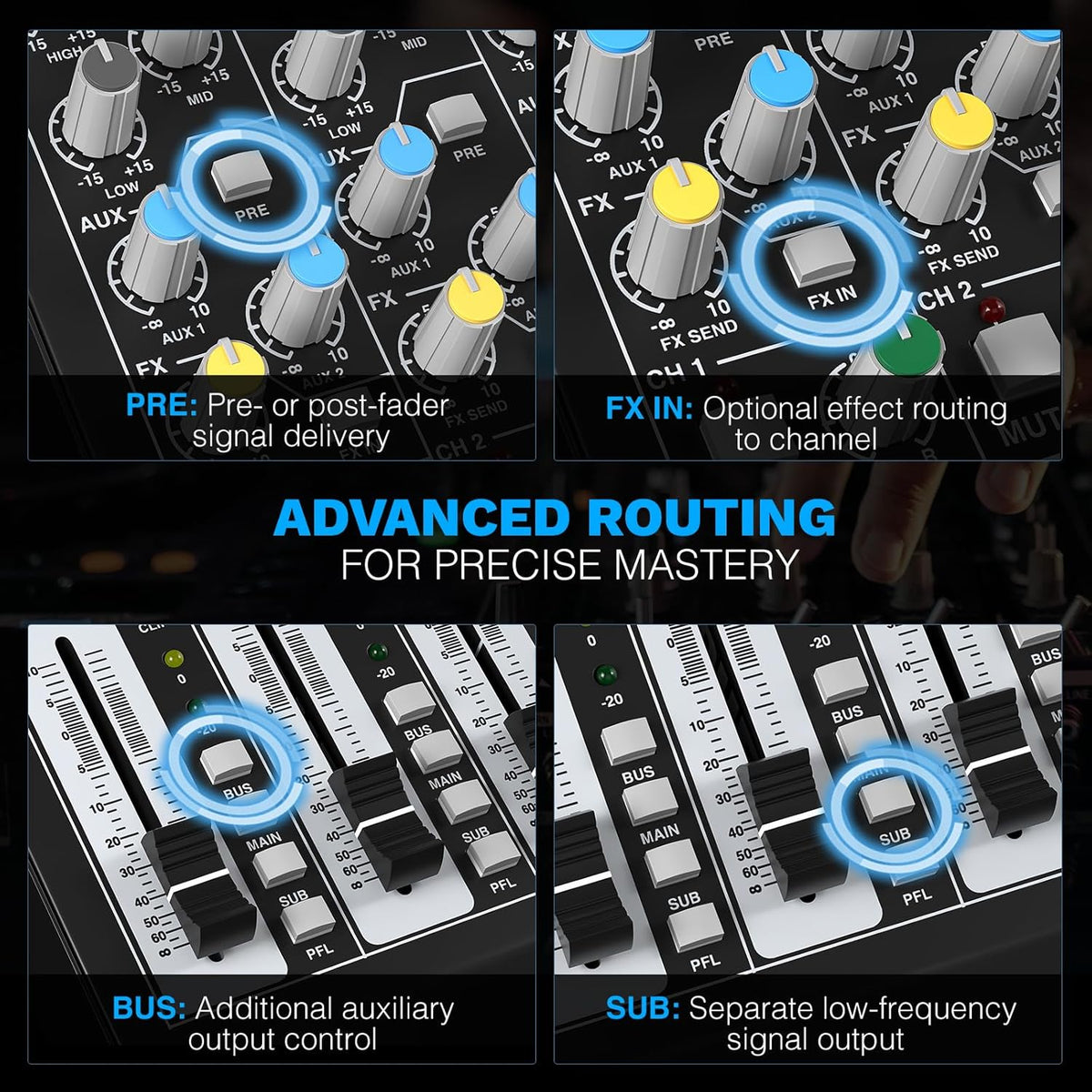 Professional 8-Channel Audio Mixer, Phenyx Pro DJ Sound Mixer Board w/Flexible AUX, BUS, SUB Routing, 16 DSP, BT Streaming & USB-B PC Recording, Mixing Console for Stage, Home Studio (PTL-800)