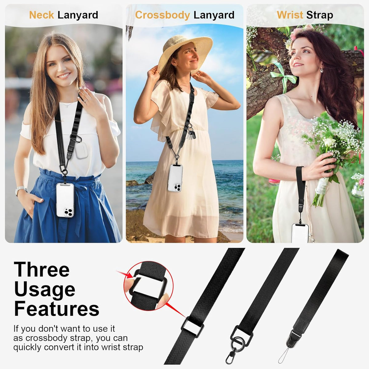 Adjustable Crossbody Phone Lanyard, Universal Phone Wrist Strap and Phone Neck Strap with Tether Tab, Phone Lanyard with Quick Release, Suitable for iPhone and Most Smartphones, Black