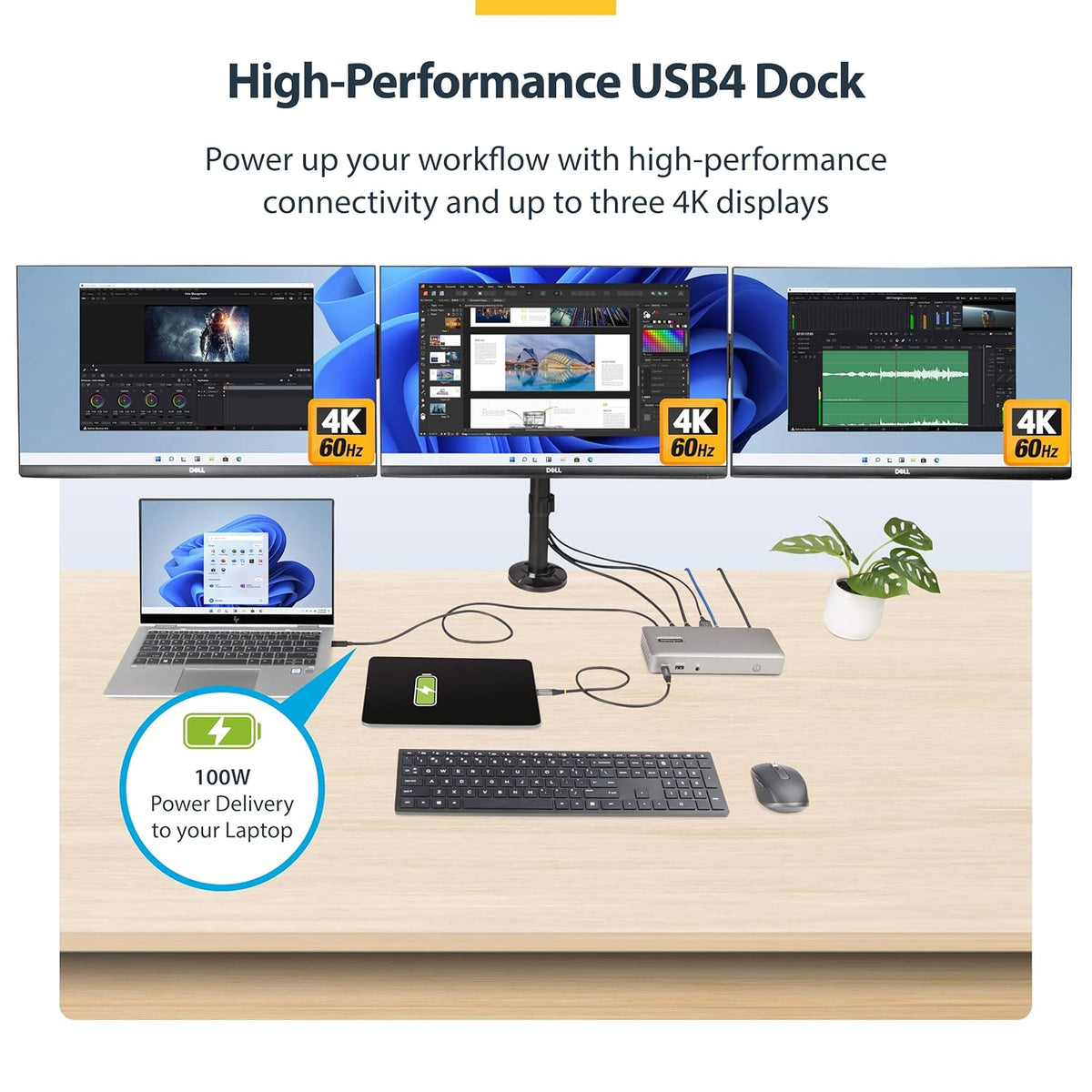 StarTech.com USB-C Docking Station (USB4), Triple 4K 60Hz Monitors, Up to 100W Laptop Charging, 2.5GbE, Driverless, Not macOS Compatible