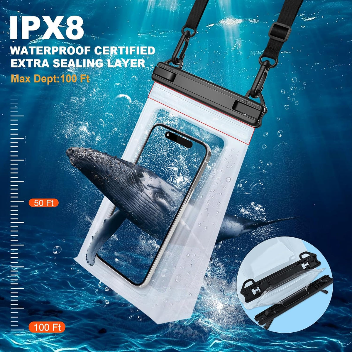 2 Pack Large Waterproof Phone Pouch, Waterproof Phone Case for iPhone 16 15 14 13 Pro Max Galaxy S25 S24 All Devices, IPX8 Double Sealing, Floating Water Proof Bag for Beach Swimming Pool