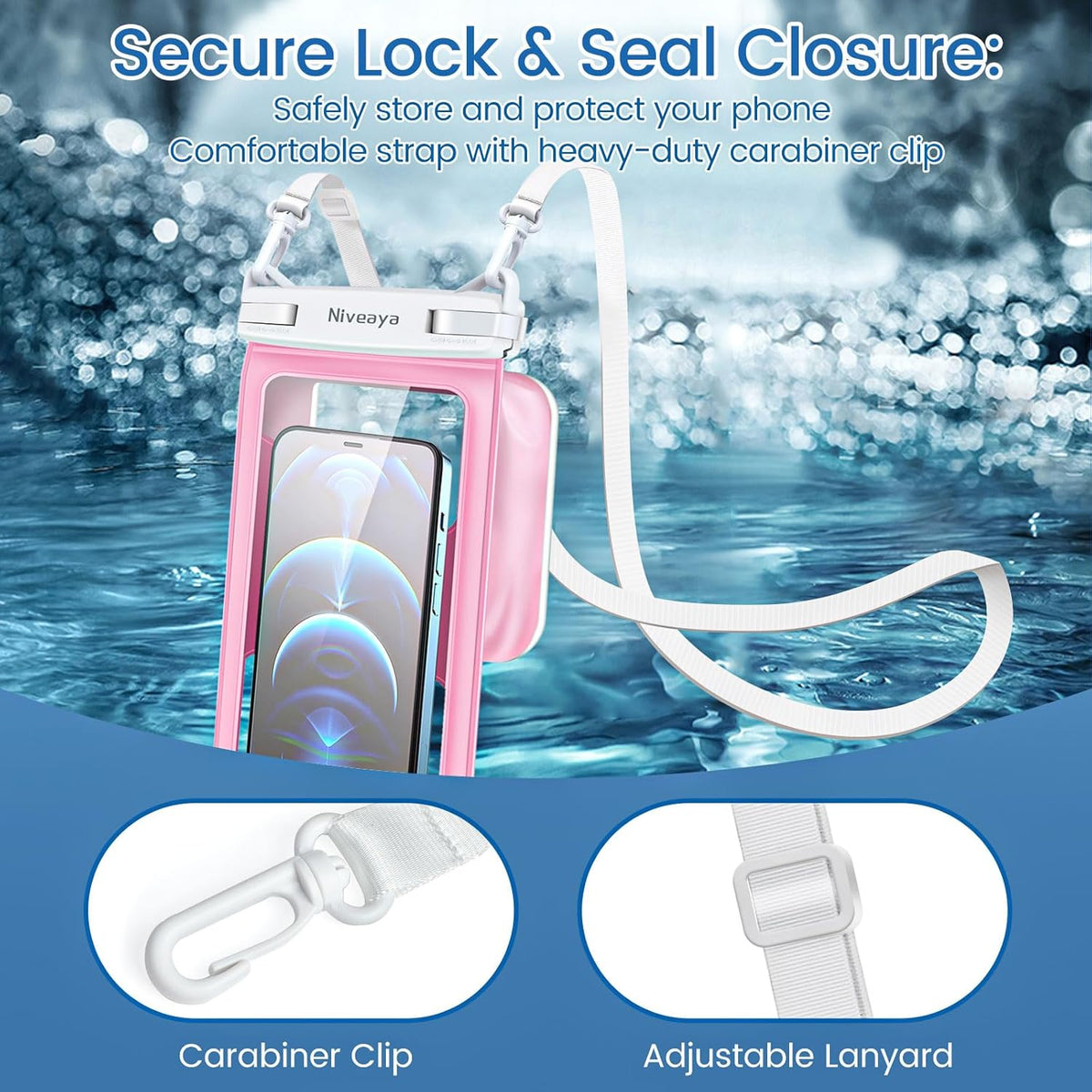 Niveaya [Floatable Floating Waterproof Phone Pouch 2 Pack-Up to 8.5", Large Space Adjustable Neck Lanyard Waterproof Phone Case, Phone Dry Bags for Vacation Beach Pool Kayak Cruise Travel Essentials