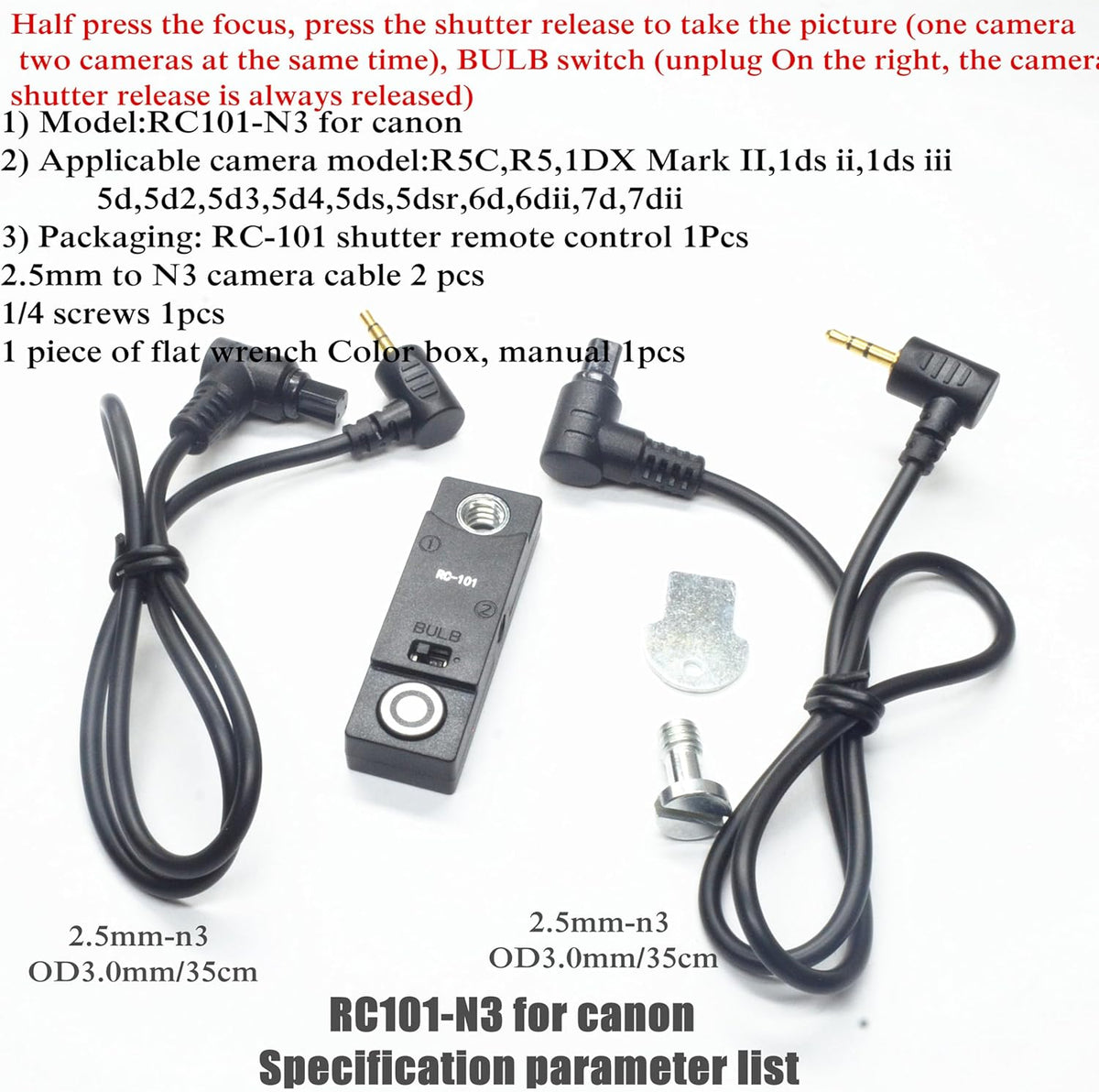 RC101-N3 Camera Shutter Remote Control for Canon R5 R5C 5D4 5D3 6d2 1/4 Screw Fixing Small Release Button Handle Two Cameras in sync Release Button