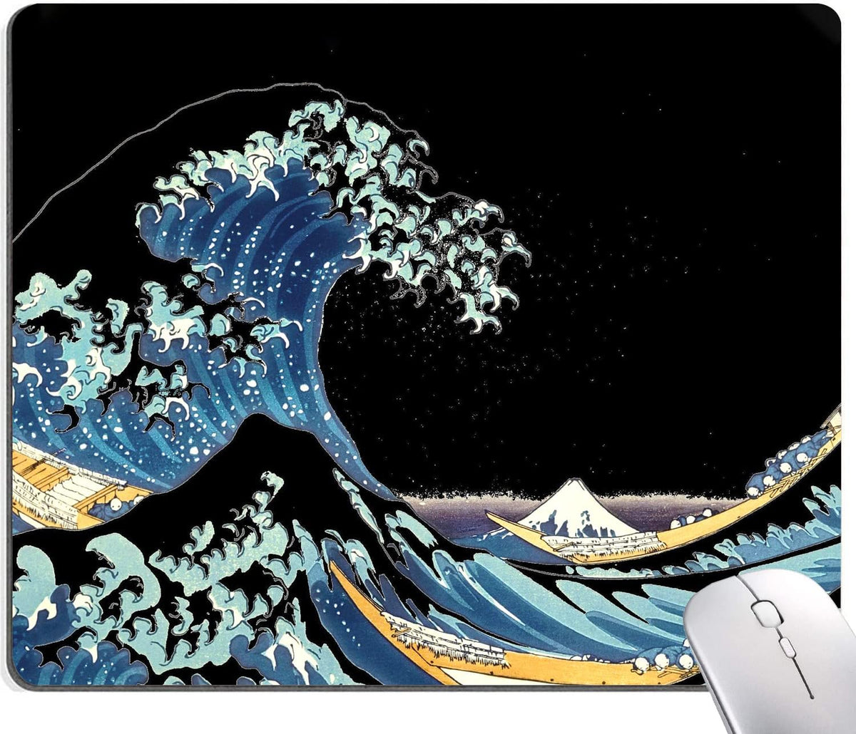 Japanese Sea Wave Mouse Pad, Square Mouse Mat Waterproof Non-Slip Rubber Base MousePads