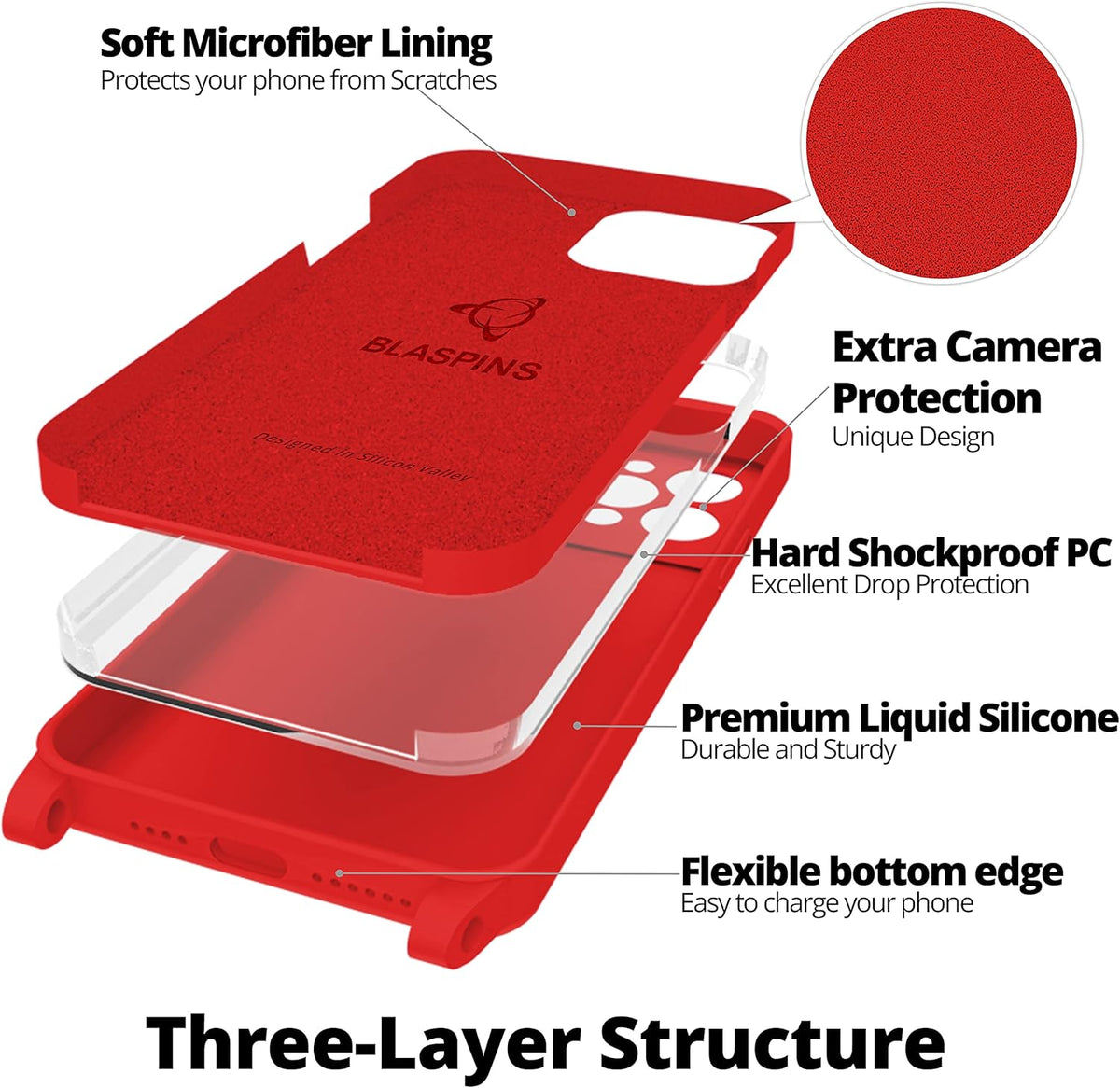 Blaspins Crossbody Lanyard Strap Case for iPhone 13, Neck Cross Body, Adjustable Holder Removable, Drop Protection Shockproof, Hands-Free Silicone Case Cover 6.1 inch, 150 cm Strap, iP13 - Red
