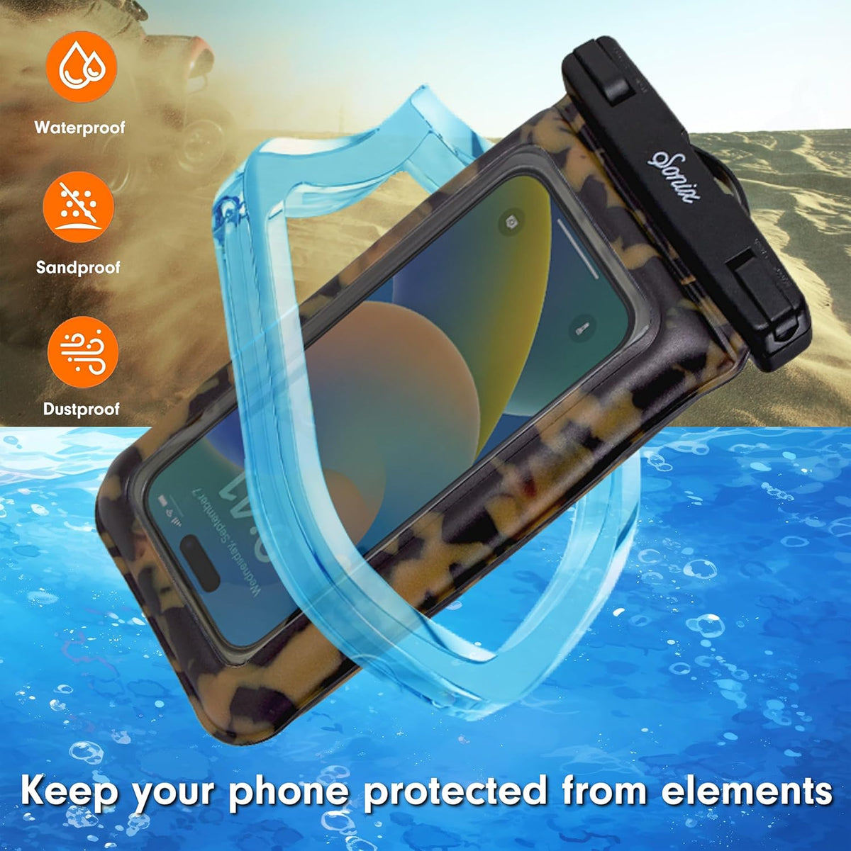 Sonix Waterproof Phone Pouch - Floating Phone Case Dry Bag w/Crossbody Lanyard - Beach Cruise Travel Essentials - Compatible w/All Devices, Touchscreen Friendly | Brown Tort