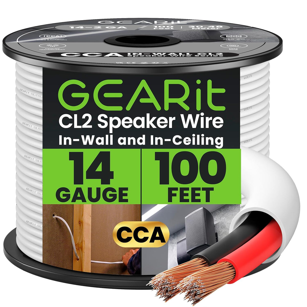 GearIT 14/2 Speaker Wire (100 Feet) 14 Gauge (Copper Clad Aluminum) - Fire Safety in Wall Rated Audio Speaker Wire Cable / CL2 Rated / 2 Conductors - CCA, 100ft