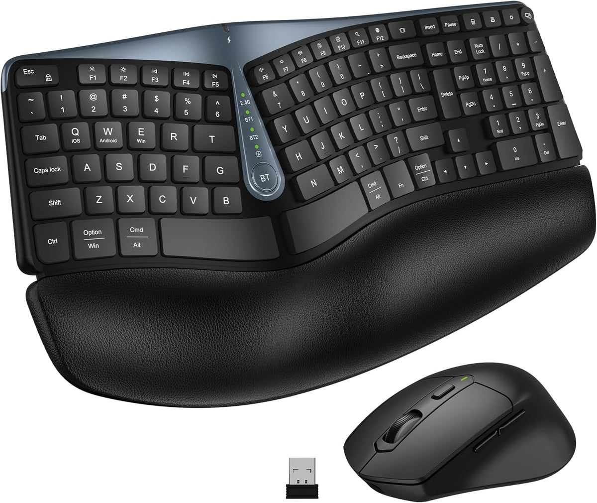 Ergonomic Wireless Keyboard Mouse Combo, MK835 Wave Keys Bluetooth/2.4G Split Design Ergo Keyboard with Cushioned Palm Rest, Multi-Device, Rechargeable, for Multi-OS, Windows/Mac/Android