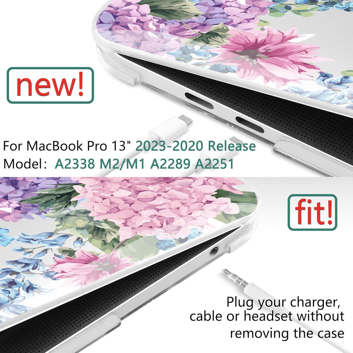 TWOLSKOO Compatible with MacBook Pro 13 inch Case 2023-2016 A2338 M2/M1 A2251 A2289 A2159 A1989 A1706, Plastic Hard Shell Cover & Keyboard Skin & Screen Protector, Colorful Hydrangea