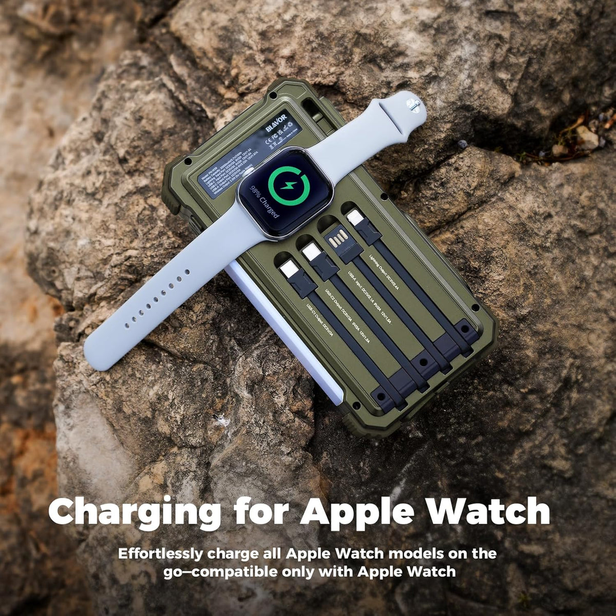 BLAVOR Solar Power Bank 20000mAh/74000mWh Built-in Cables, Wireless Charger for Apple Watch, 20W Fast Charging Battery Pack with USB C, Flashlight, Solar Charger for iPhone, iPad, iWatch, Samsung
