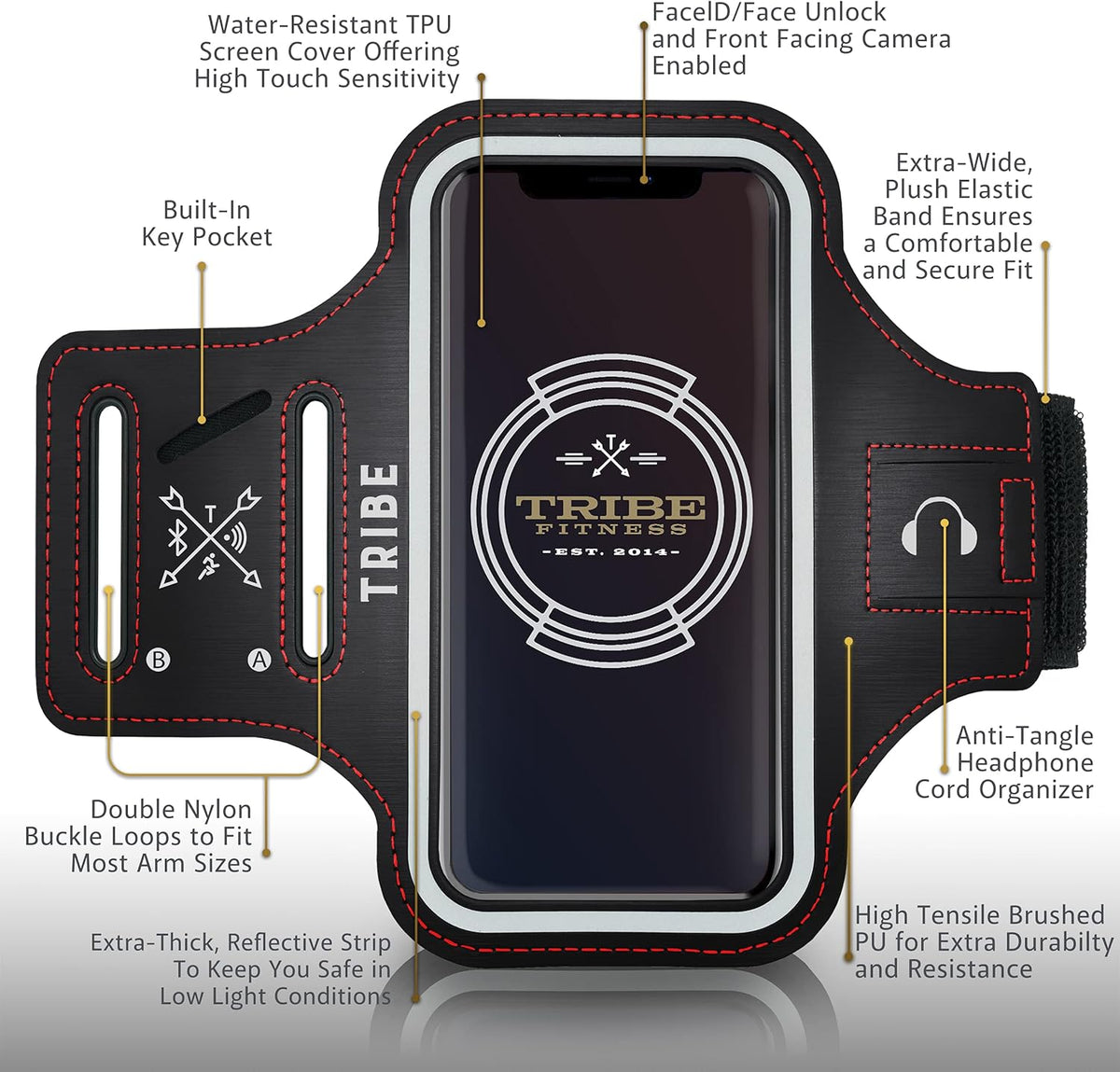 TRIBE Water Resistant Cell Phone Armband Case Running Holder for iPhone Pro Max Plus Mini SE (13/12/11/X/XS/XR/8/7/6/5) Galaxy S Ultra Plus Edge Note (21/20/10/9/8/7/6/5) Adjustable Strap & Key Pocket