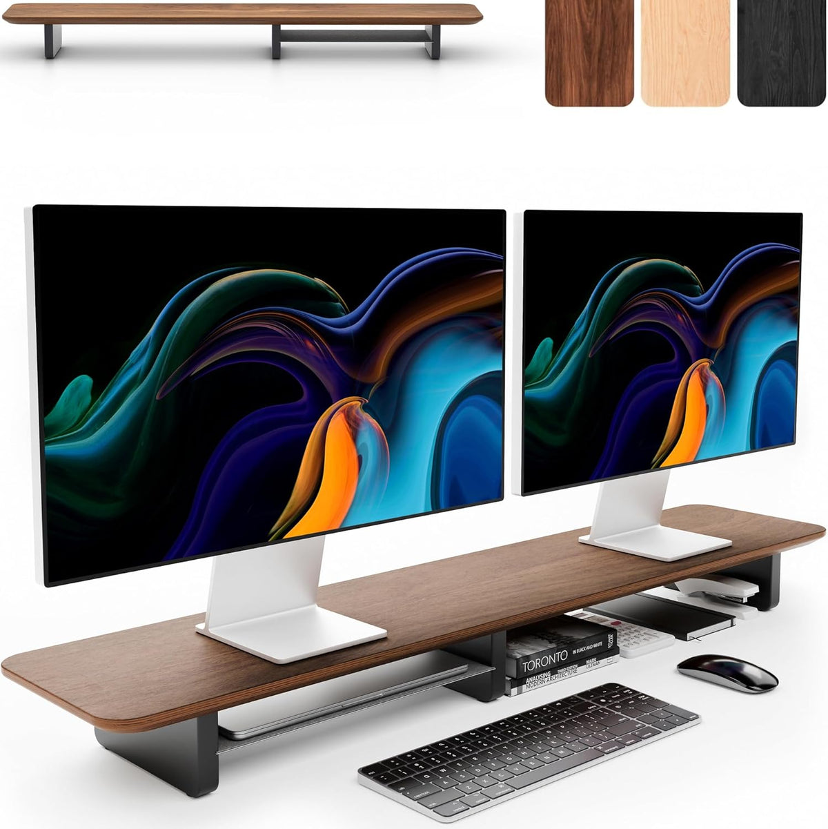 KIVY Dual Monitor Riser with Integrated Metal Shelf - Wooden desk shelf for top of desk - Wood monitor stand for desk 2 monitors / tv - Dual monitor stand riser for desk - Large walnut monitor stand