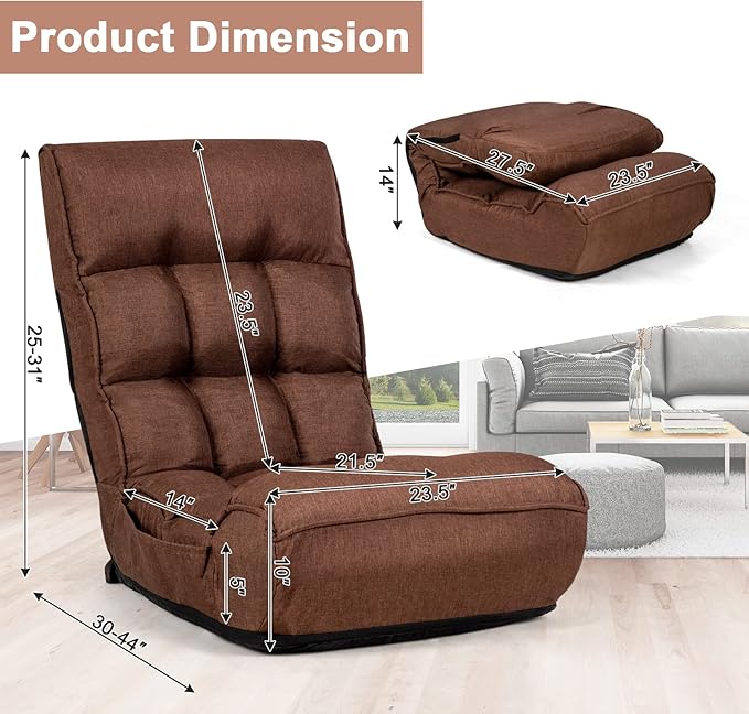 MAT EXPERT Folding Floor Chair Floor Gaming Chair w/ 4-Position Backrest 5-Position Adjustable Headrest Side Pocket Indoor Floor Chair w/Back Support for Bedroom Living Room (Coffee)