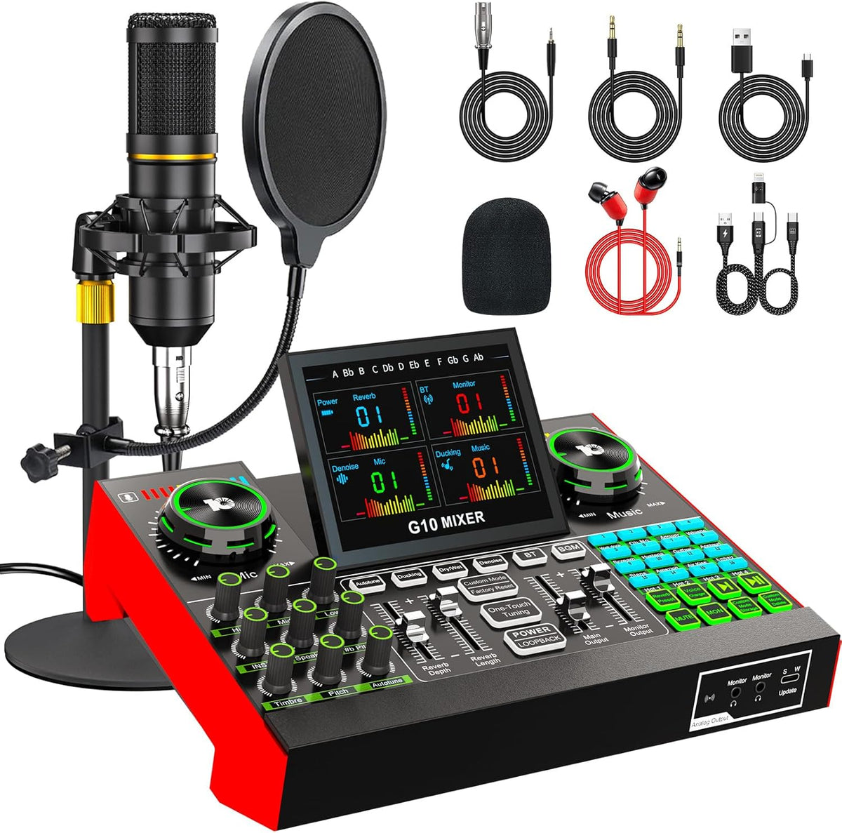 Podcast Microphone Bundle with Live Sound Card Audio Mixer, Podcast Equipment Bundle with 3.5mm Condenser Microphone for Pc/Phone Live Streaming Singing Gaming, Sound Board with Voice Changer, Denoise