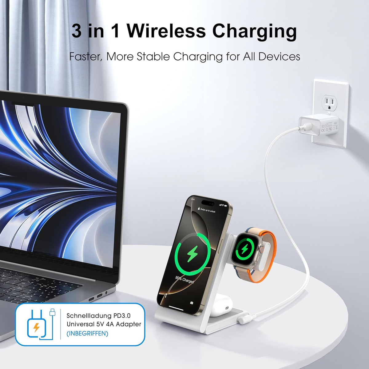 Wireless Charging Station with 20W USB C Adapter, 3 in 1 Magnetic Foldable Travel Charger Stand for iPhone 16 15 14 13 12 Series, Compatible with Apple Watch 10/9/8/7/6/5/4/3/2/SE/Ultra 2/Airpods 4