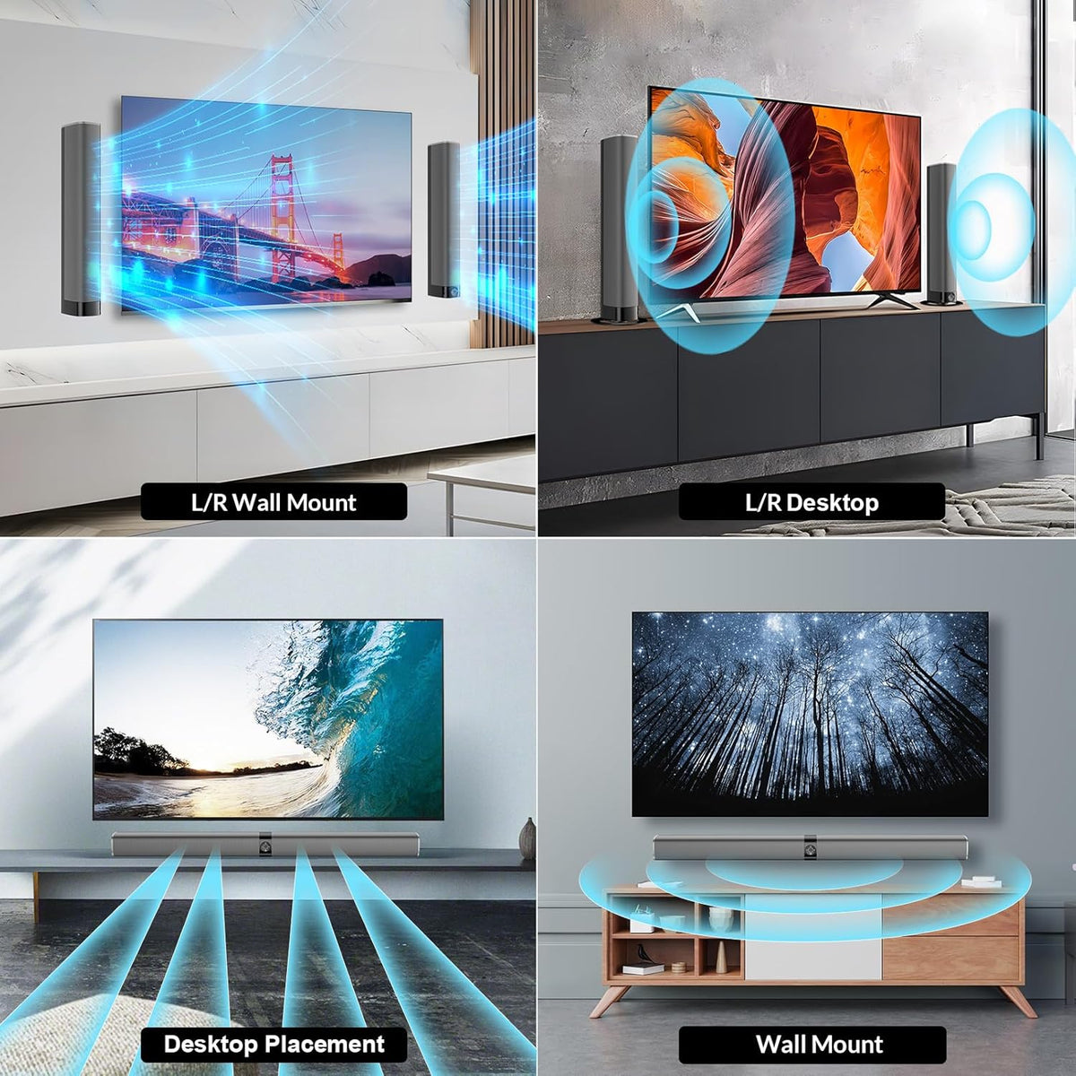Sound Bar, 80W Soundbar with Bluetooth/ARC/Opt/AUX Connect, with Volume Boost, 3 Equalizer Modes, 2 in 1 Detachable Soundbar for TV/PC/Gaming/Projectors
