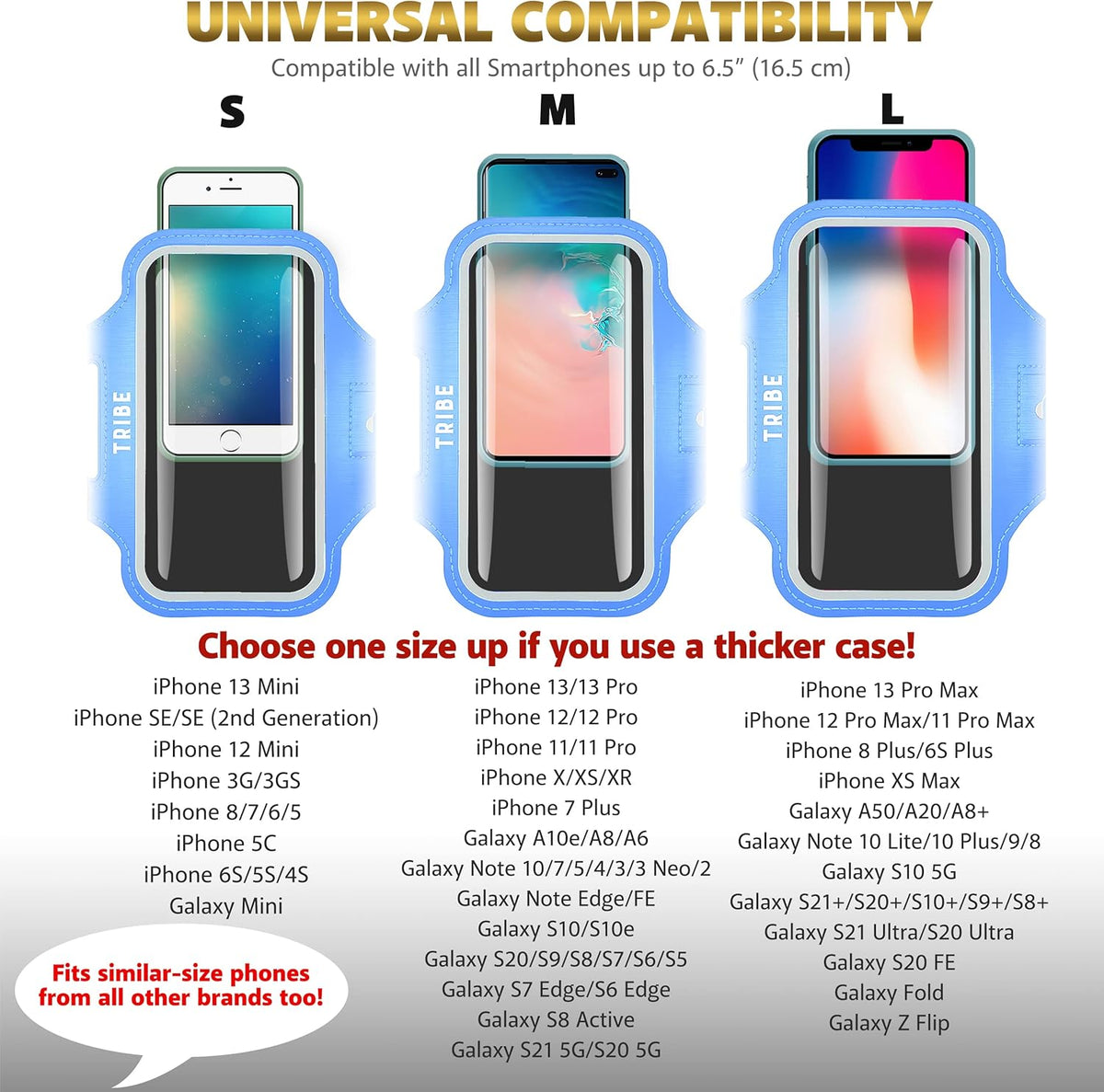 TRIBE Water Resistant Cell Phone Armband Case Running Holder for iPhone Pro Max Plus Mini SE (13/12/11/X/XS/XR/8/7/6/5) Galaxy S Ultra Plus Edge Note (21/20/10/9/8/7/6/5) Adjustable Strap & Key Pocket