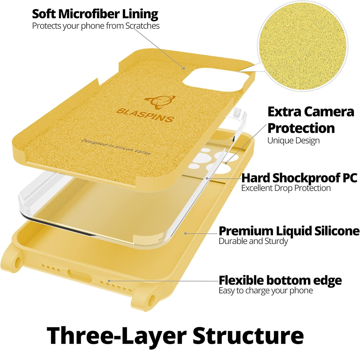Blaspins Crossbody Lanyard Strap Case for iPhone 14, Neck Cross Body, Adjustable Holder Removable, Drop Protection Shockproof, Hands-Free Silicone Case Cover 6.1 inch, 150 cm Strap, iP14 - Yellow