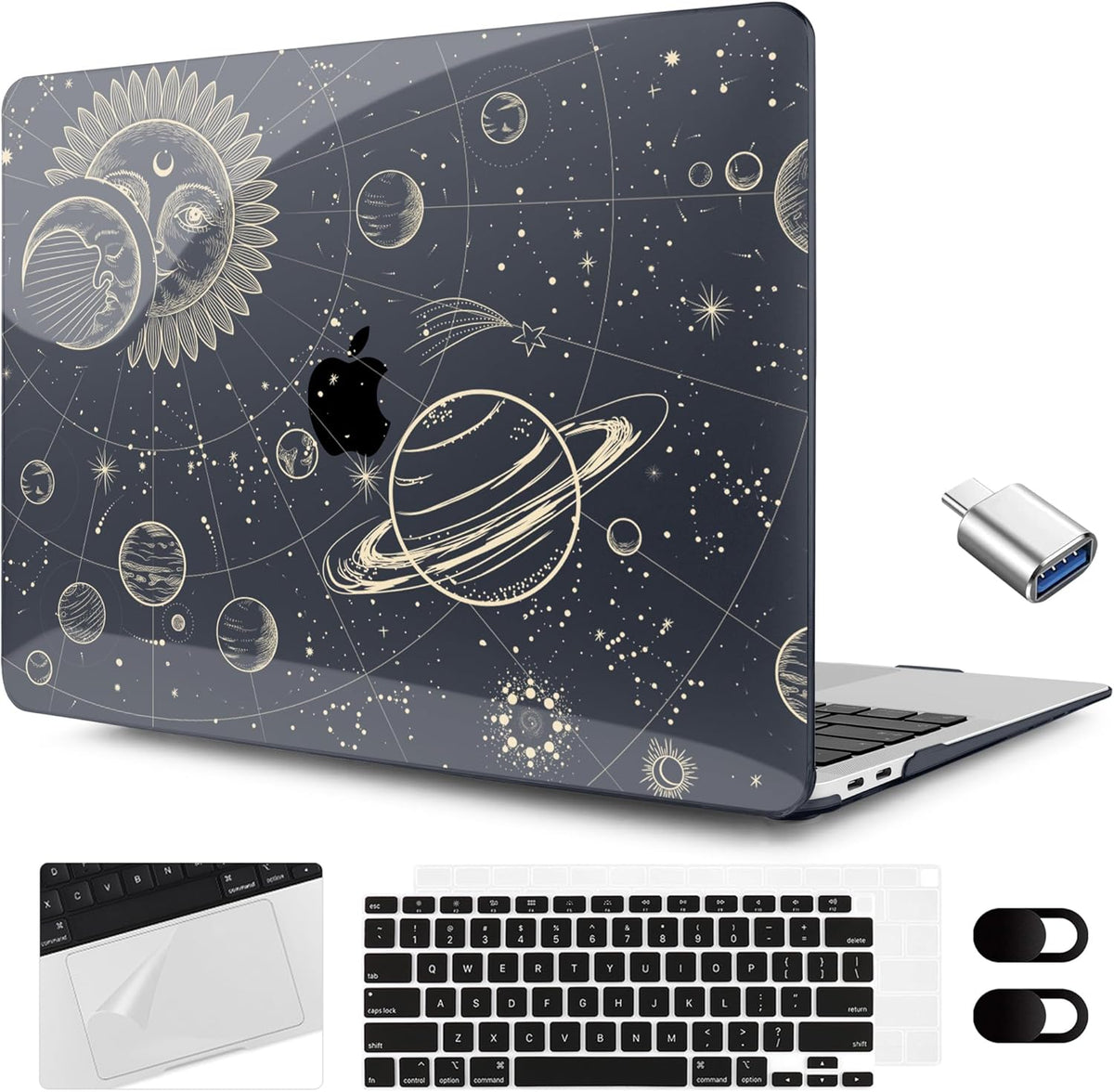MEEgoodo for MacBook Air 13.3 inch Case 2021 2020 2019 2018 A2337 M1 A2179 A1932, Clear Case for MacBook Air M1, Hard Shell with Keyboard Webcam Cover & Trackpad Film & Type C Adapter,Moon