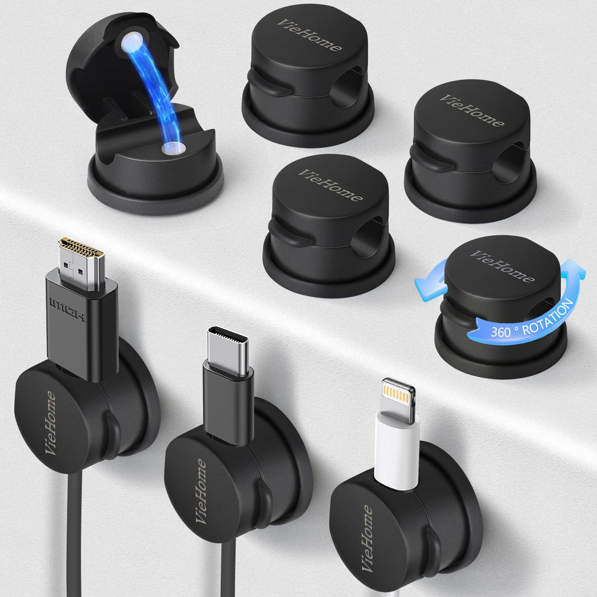 VieHome 8 Pack Magnetic Cable Management Clips - Ideal Cord Holder for Nightstand, Desk, Charger Holder - Phone Cord Holder w/360 Rotation