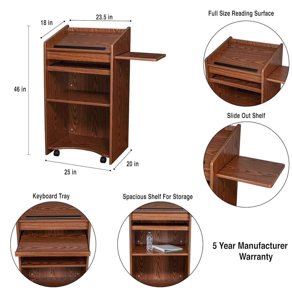 OEF Furnishings Mobile Floor Lectern with Side Shelf And Keyboard Tray, Medium Oak