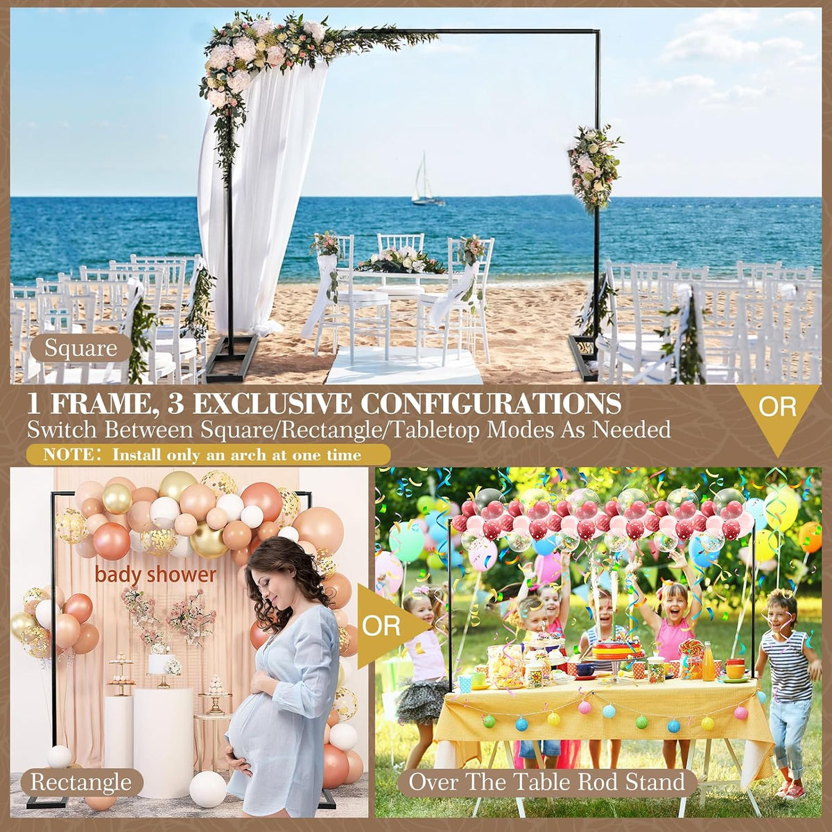 8.2FT 2 Balloon Arch Stand, Square Wedding Arch Frame, Metal Black Heavy Duty Backdrop Adjustable Stand, Extra Clamps