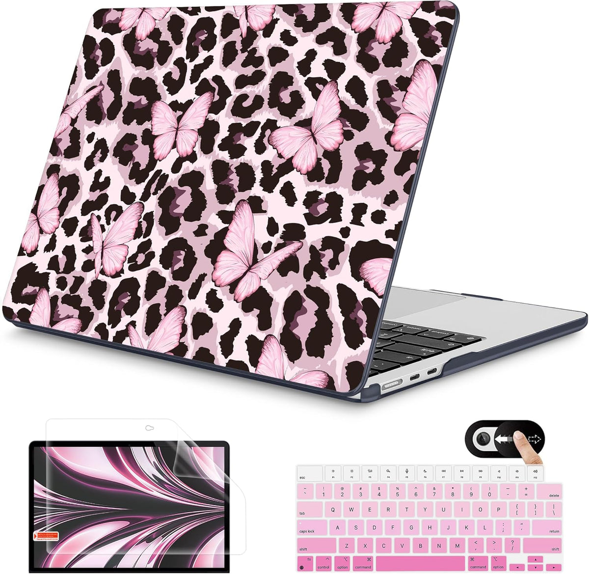 Mektron for 2025 M4 MacBook Air 13.6 Inch A3240 Case Fits 2023 A2681 M2 2024 A3113 M3 Chip with Liquid Retina Display Touch ID, Printed Plastic Hard Shell for MacBook Air 13.6", Leopard Pink Butterfly