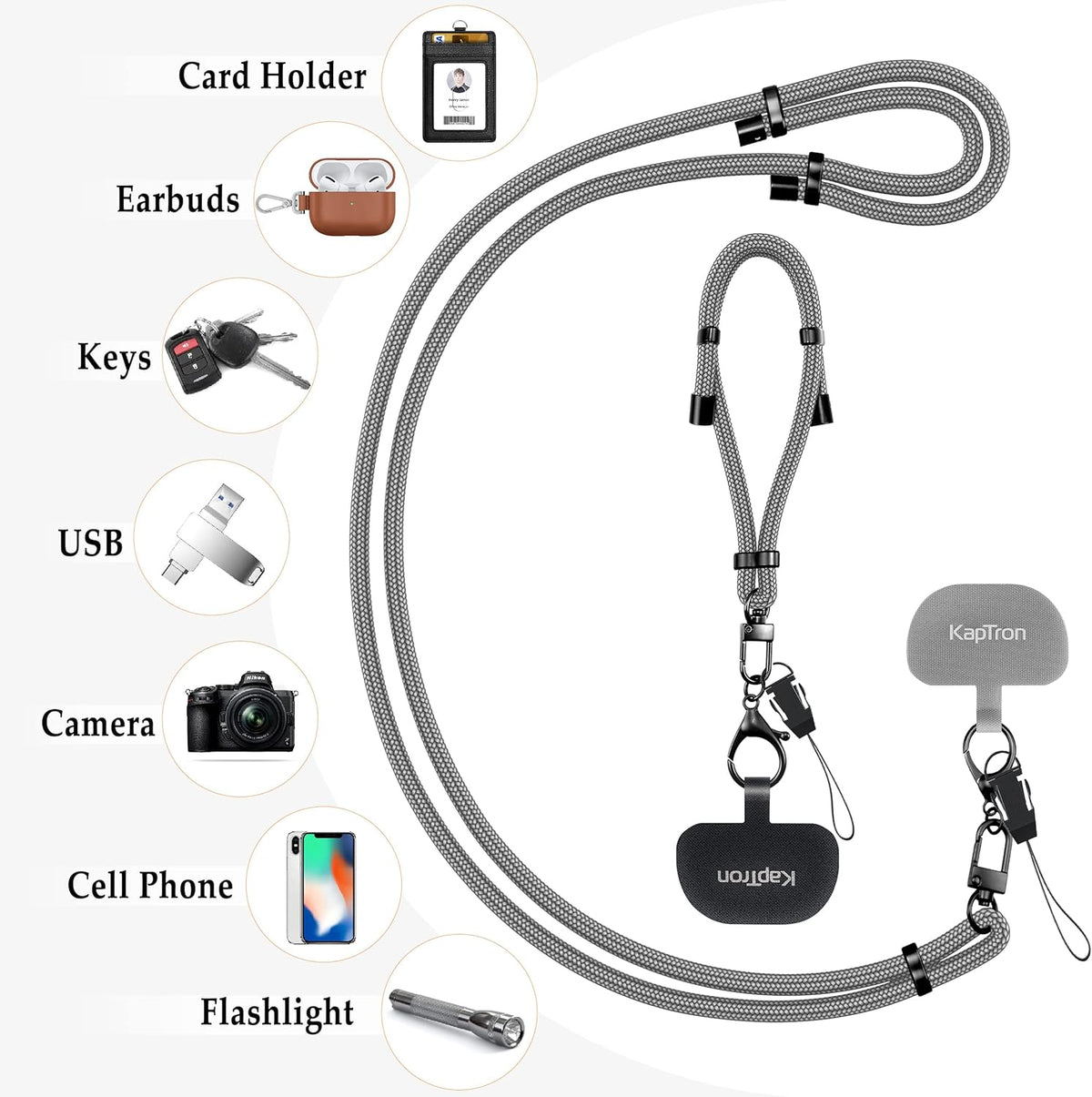 Kaptron Universal Phone Lanyard with Wrist Strap, Adjustable Crossbody Cell Phone Lanyard Neck Strap and Wristlet Strap with 2 Lobster Clips, Phone Tether Patches and Phone Straps (Gray, 2 Pack)