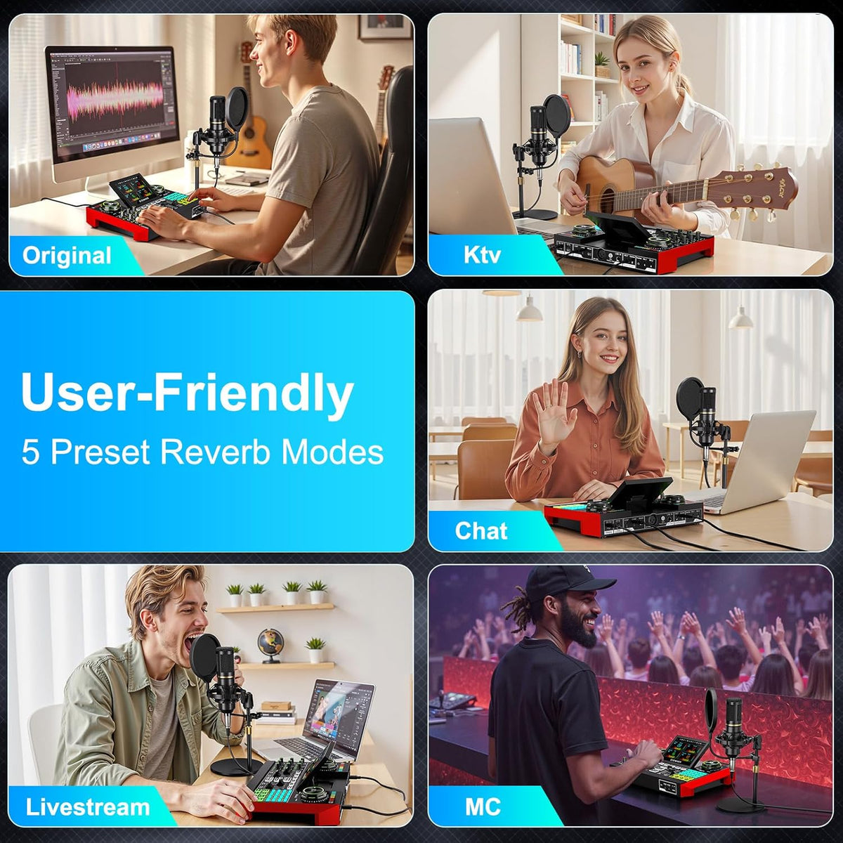 Podcast Microphone Bundle with Live Sound Card Audio Mixer, Podcast Equipment Bundle with 3.5mm Condenser Microphone for Pc/Phone Live Streaming Singing Gaming, Sound Board with Voice Changer, Denoise