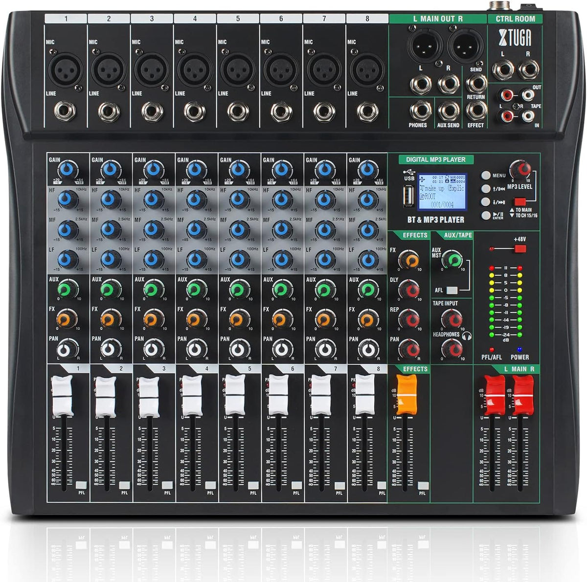 XTUGA 8 Channel Audio Mixer Sound Board Mixing Console, Audio Interface PC USB Bluetooth with 48V Phantom Digital Effect for DJ Live Recording Studio Karaoke(CT80)
