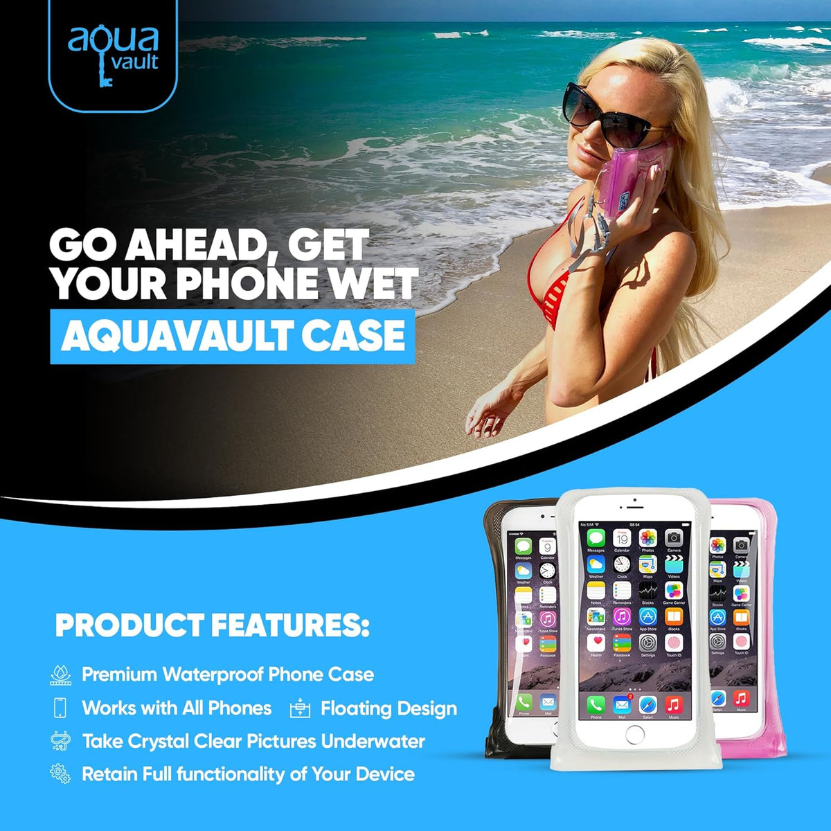 AquaVault 100% Waterproof Floating Smart Phone Case & Money Pouch - Fits All Phones - Made from Premium Heavy Duty PVC for Added Drop Protection - Includes Adjustable Neck Strap. Black