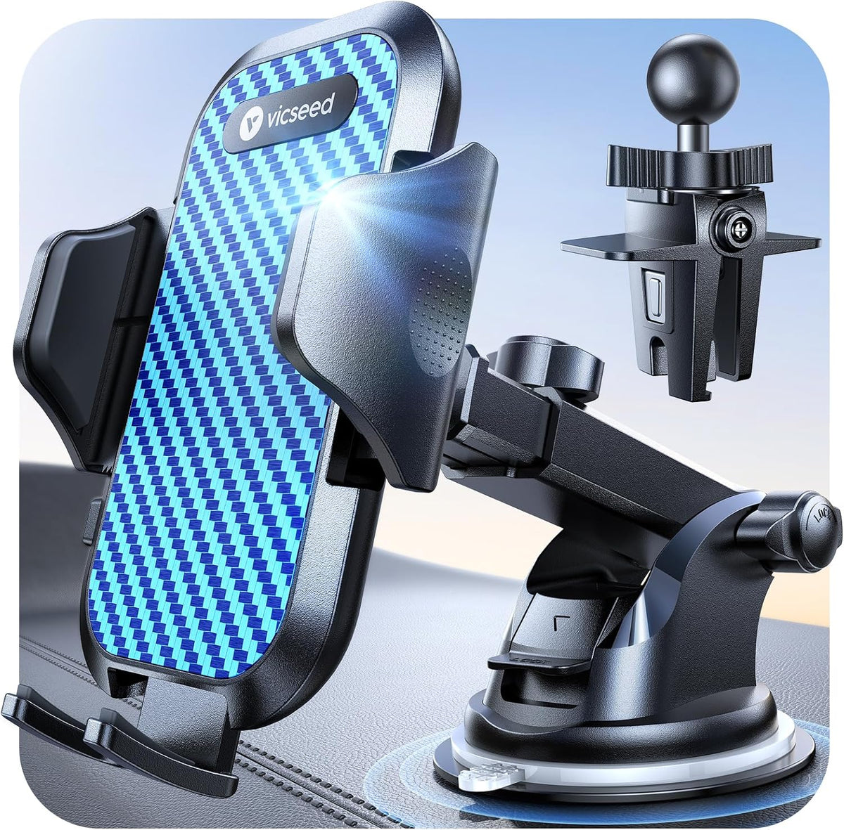 VICSEED Blue Phone Holders for Your Car [Upgraded True Military-Grade Strongest Suction] Cell Phone Mount for Car Dashboard Windshield Vent Truck Boat Stand Adjustable for iPhone Android Smartphones