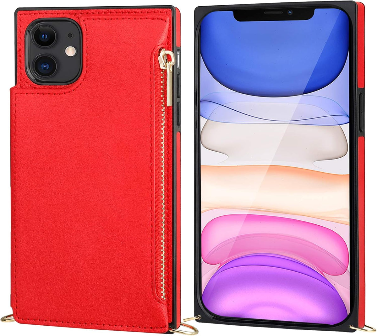 Bocasal Crossbody Wallet Case for iPhone 11 with Card Holder,Zipper Card Slot Protector Shockproof Purse Cover with Removable Cross Body Strap 6.1 Inch(Red)