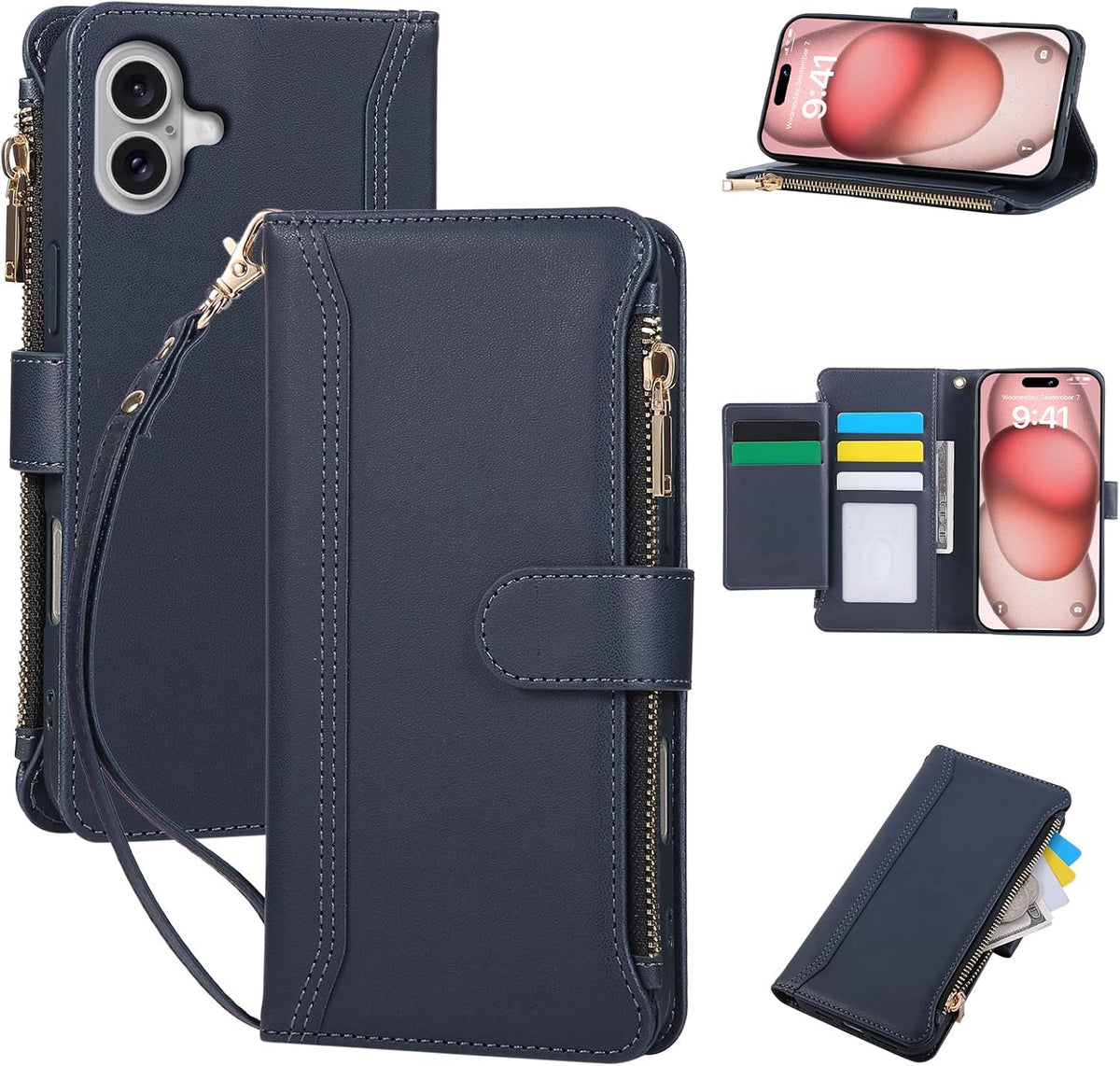 Compatible with iPhone 16 Wallet Phone Case-PU Leather Magnetic Flip Cover with Credit Card Slots,Zipper Pocket & Detachable Wrist Strap,Shockproof Design,for Women and Men-Navy Blue