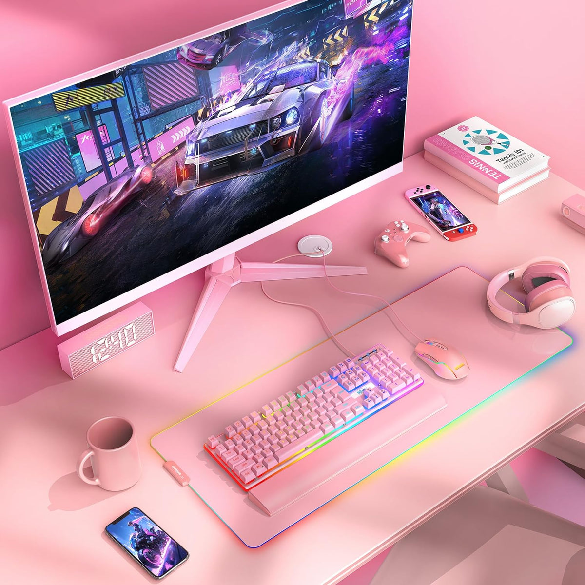 RedThunder K10 Wired Gaming Keyboard and Mouse and Wrist Rest Combo, RGB Backlit, Mechanical Feel Anti-ghosting Keyboard + 7D 7200 DPI Mice+Soft Leather Wrist Rest 3 in 1 PC Gamer Accessories(Pink)